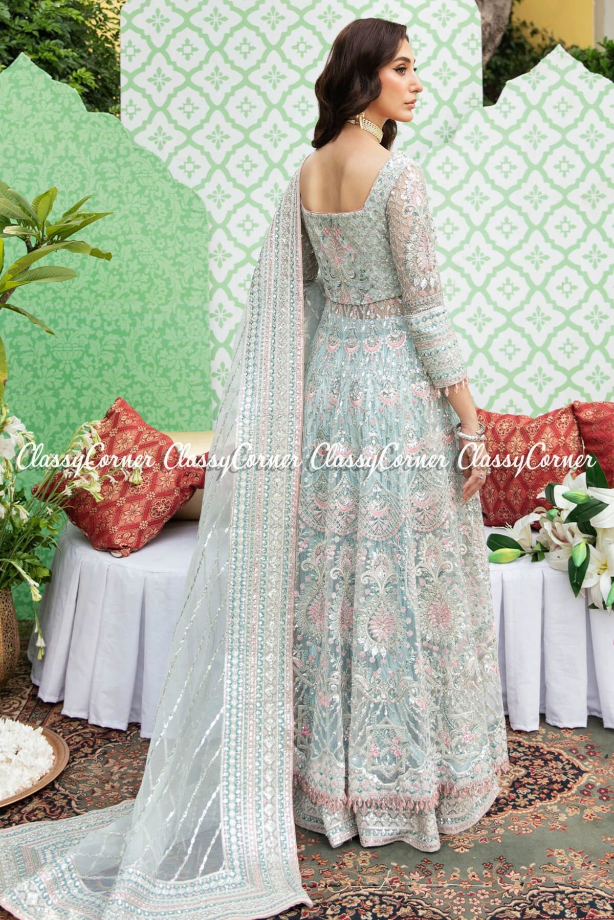 Light Blue Pink Net Embroidered Bridal Wear Gown Lehenga