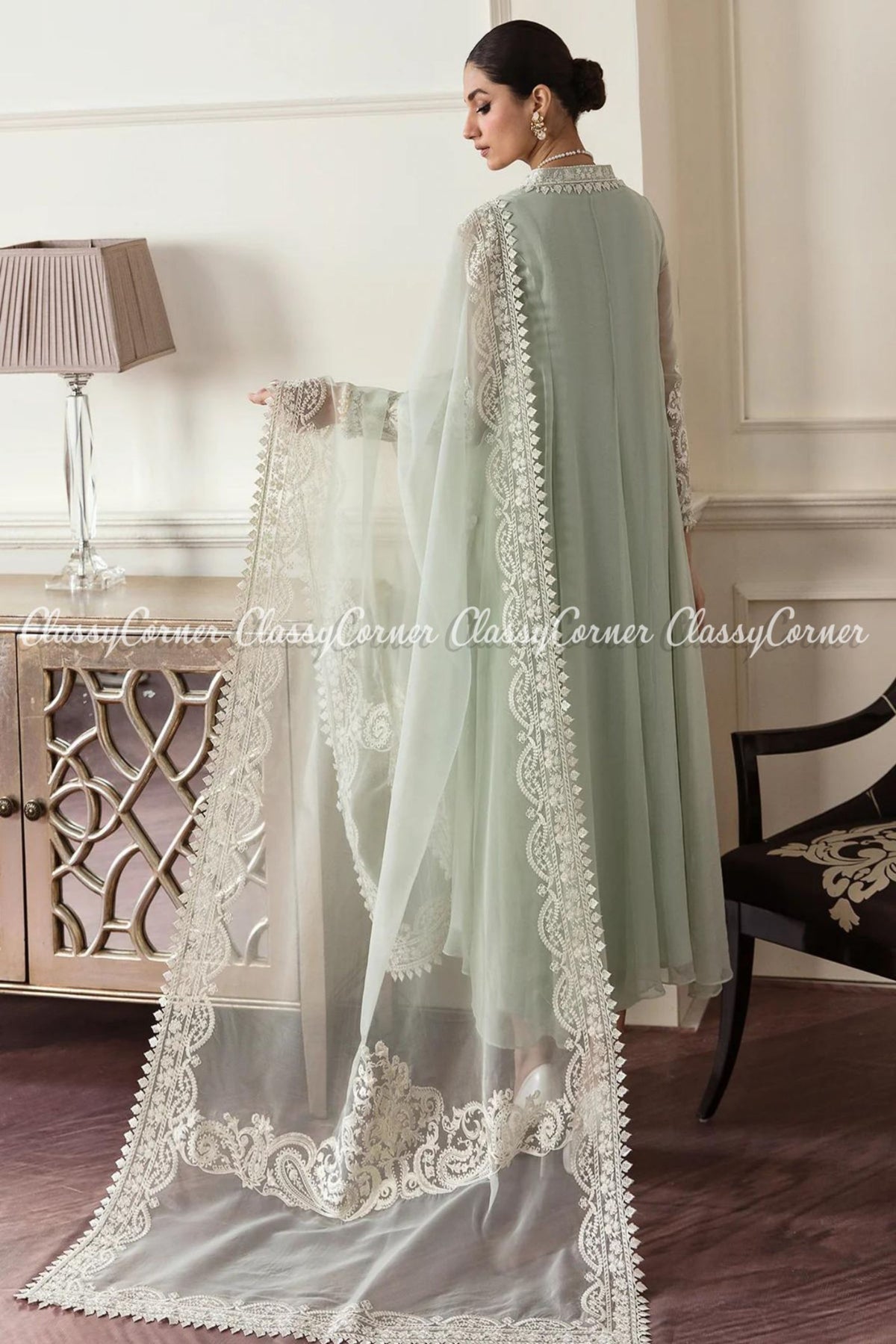 Light Green White Embroidered Chiffon Formal Wear Dress