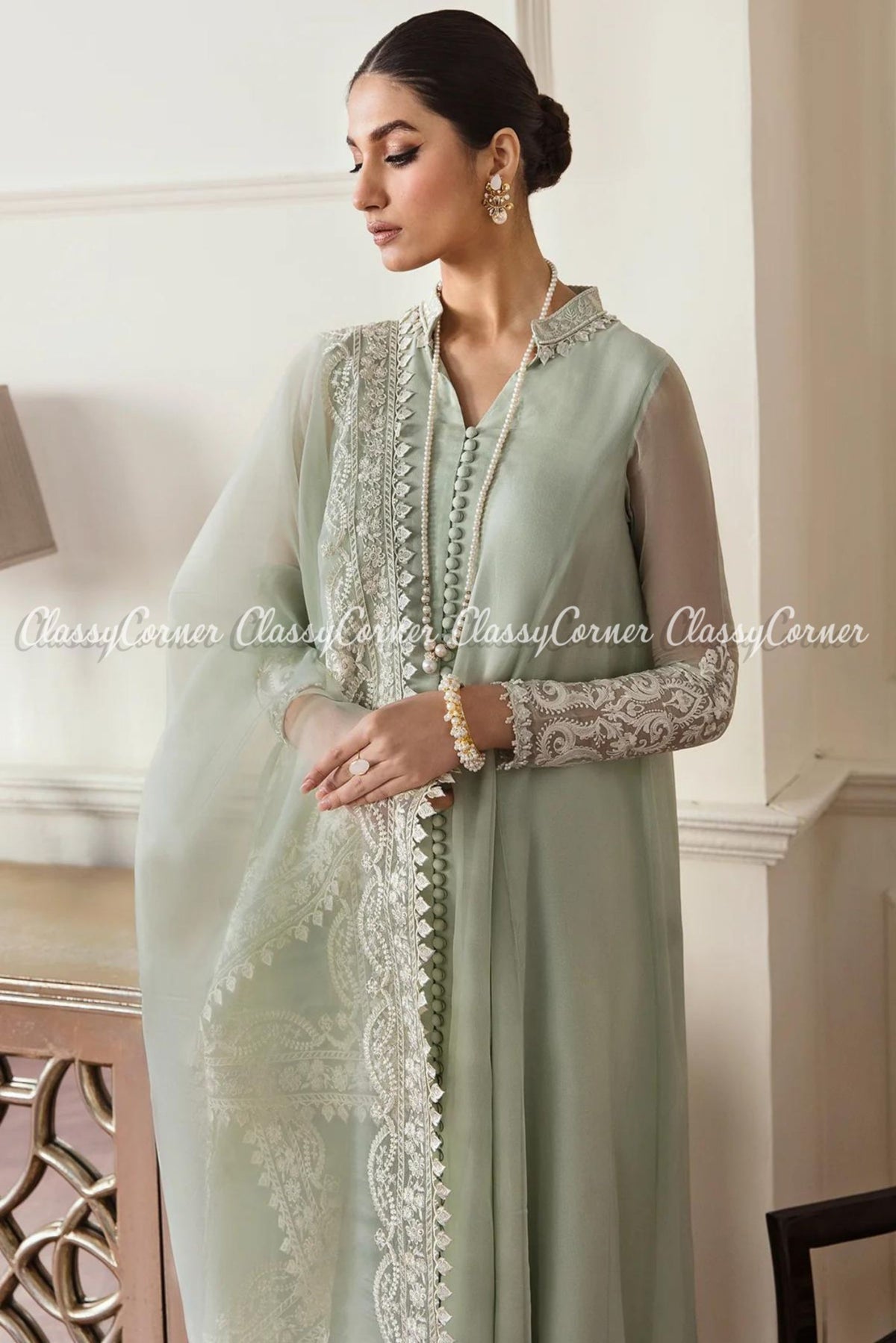 Light Green White Embroidered Chiffon Formal Wear Dress