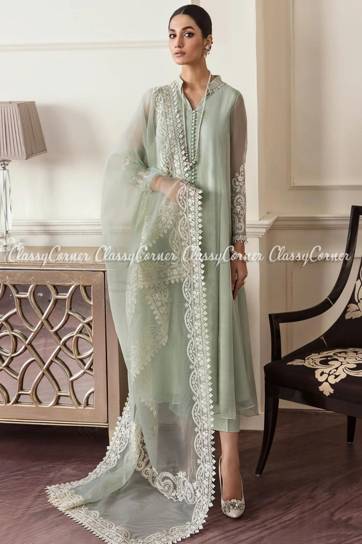 Light Green White Embroidered Chiffon Formal Wear Dress