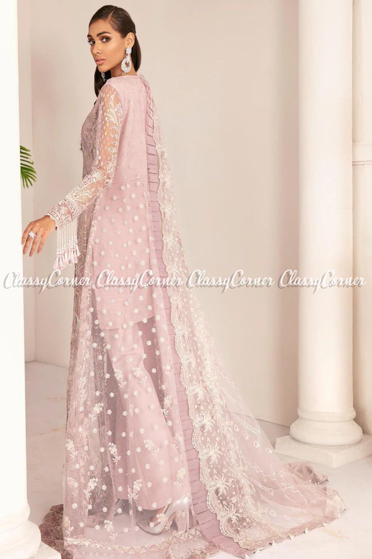 Pakistani Light Pink Net Embroidered Gown Lehenga