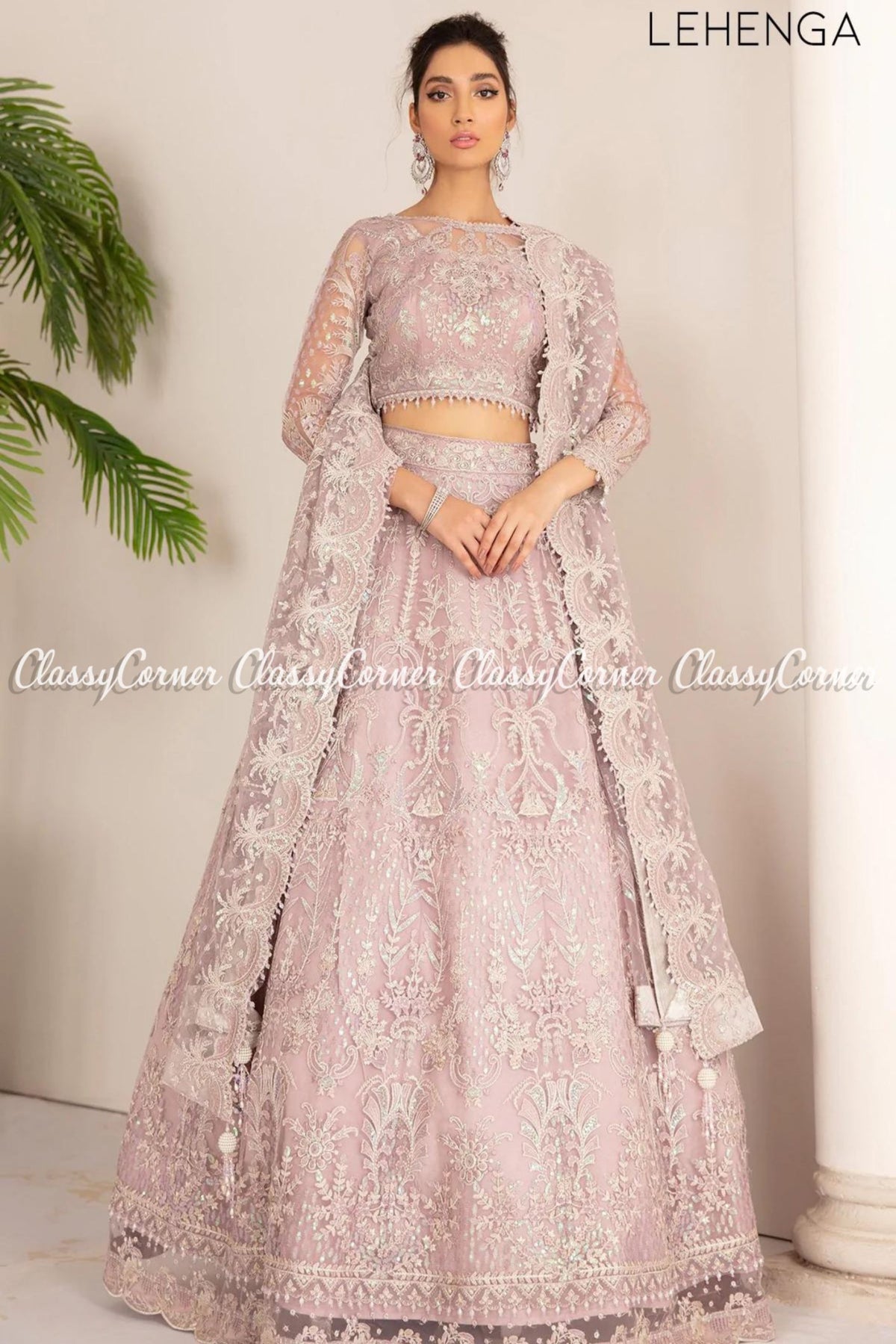 Pakistani Light Pink Net Embroidered Gown Lehenga