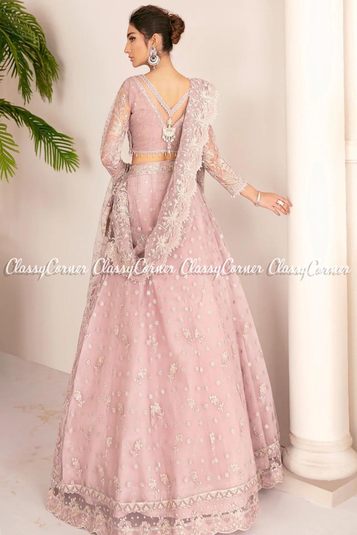 Pakistani Light Pink Net Embroidered Gown Lehenga