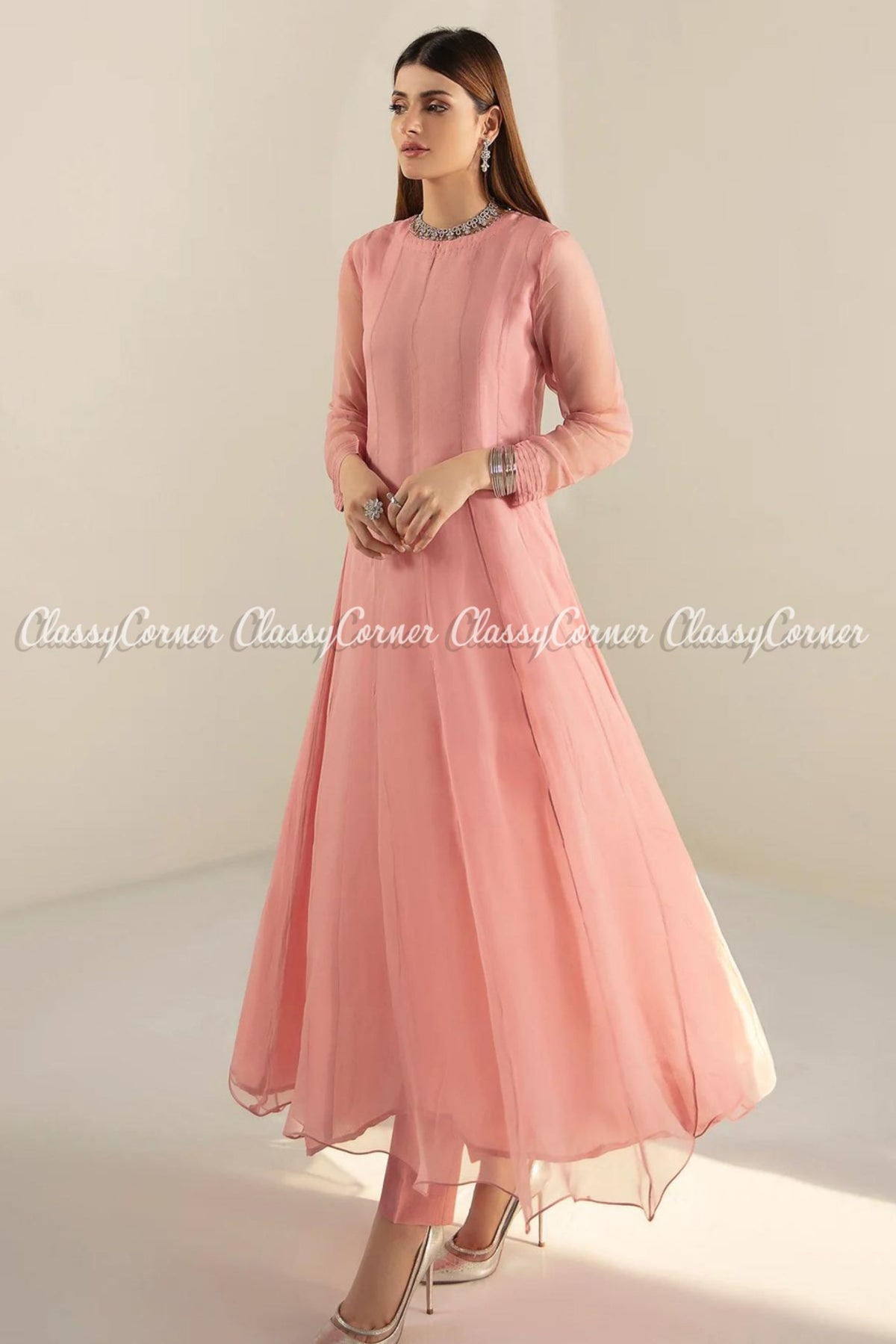 Light Pink Plain Chiffon Pakistani Maxi Dress