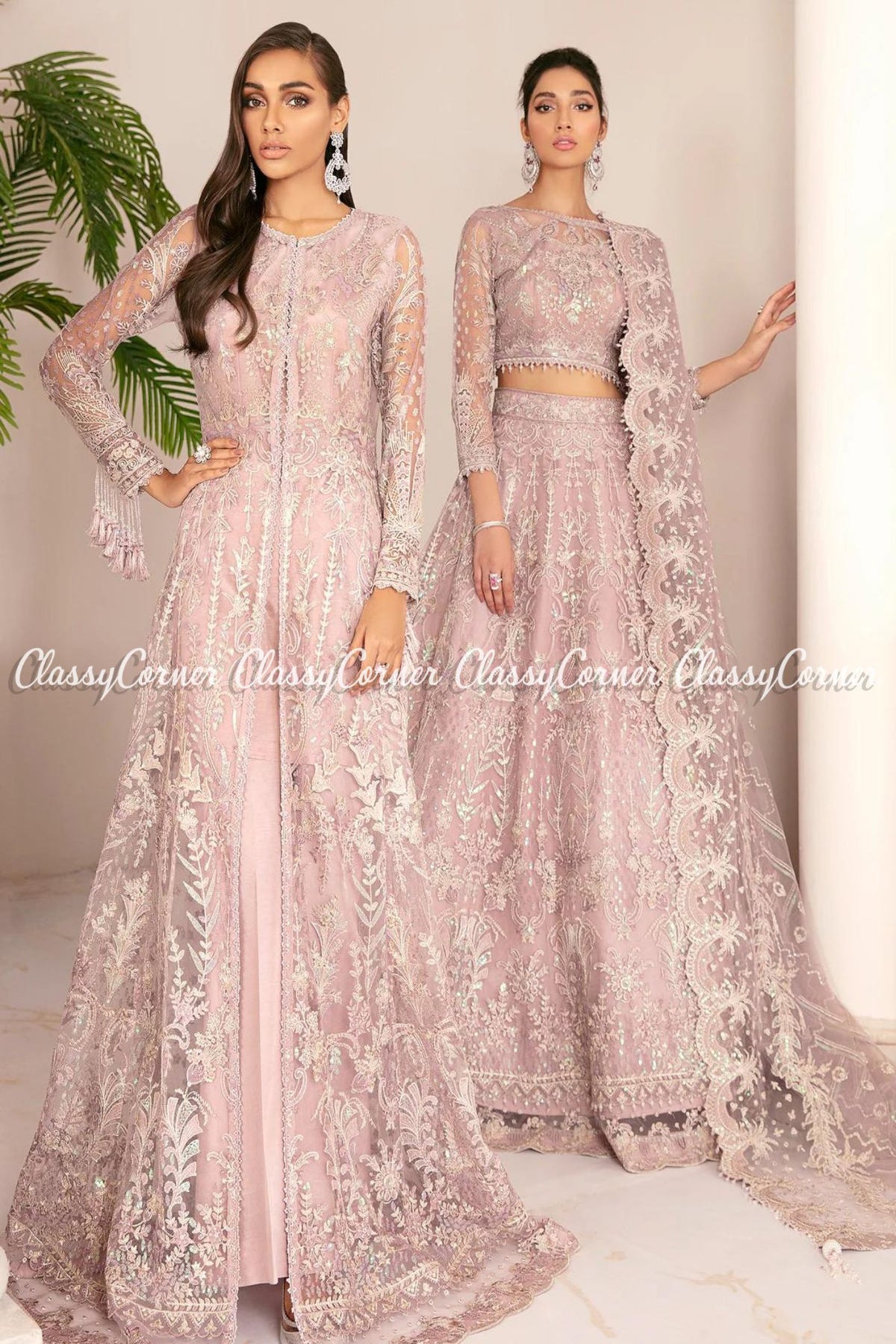 Pakistani Light Pink Net Embroidered Gown Lehenga