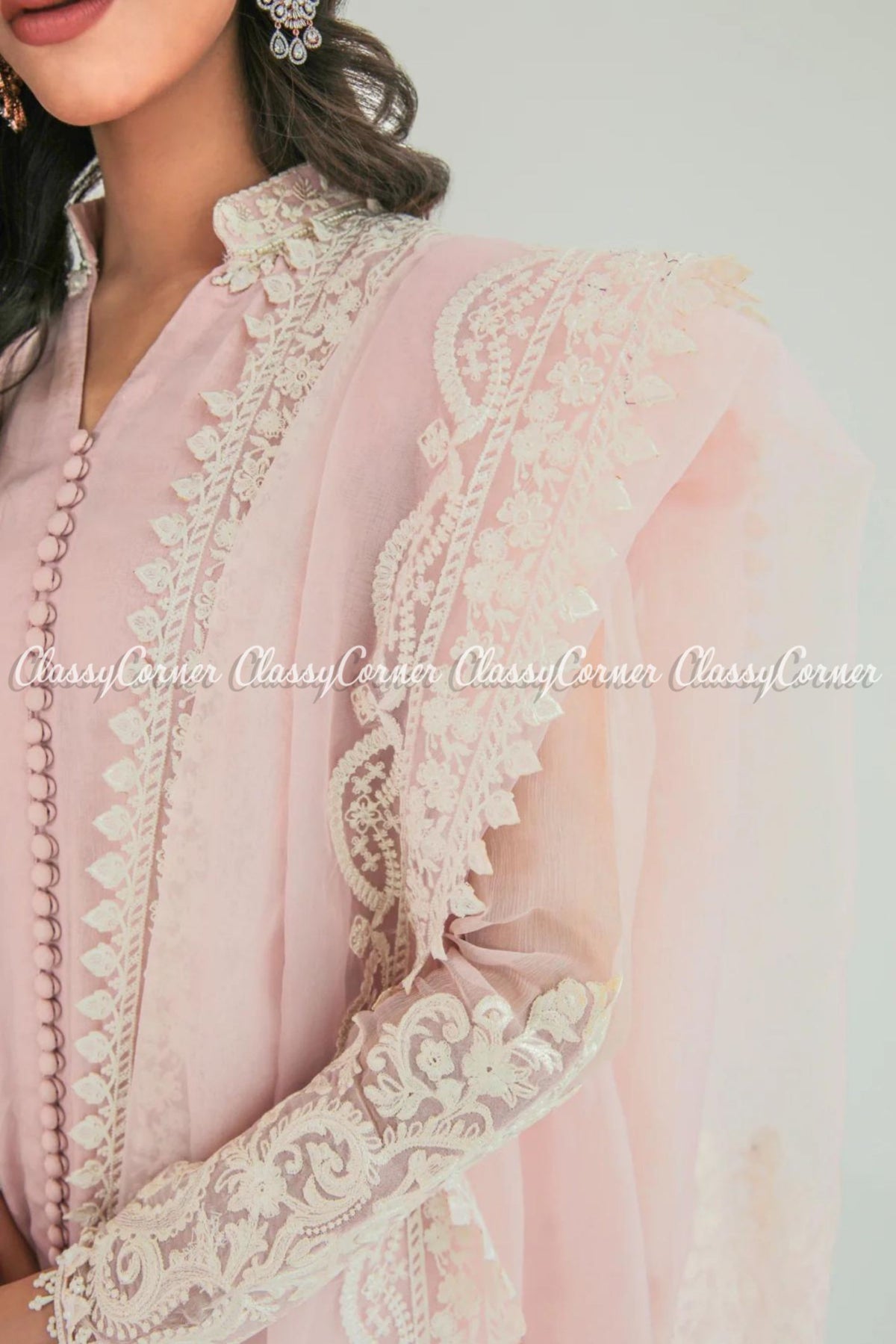 Pakistani Light Pink White Chiffon Embroidered Frock Dress