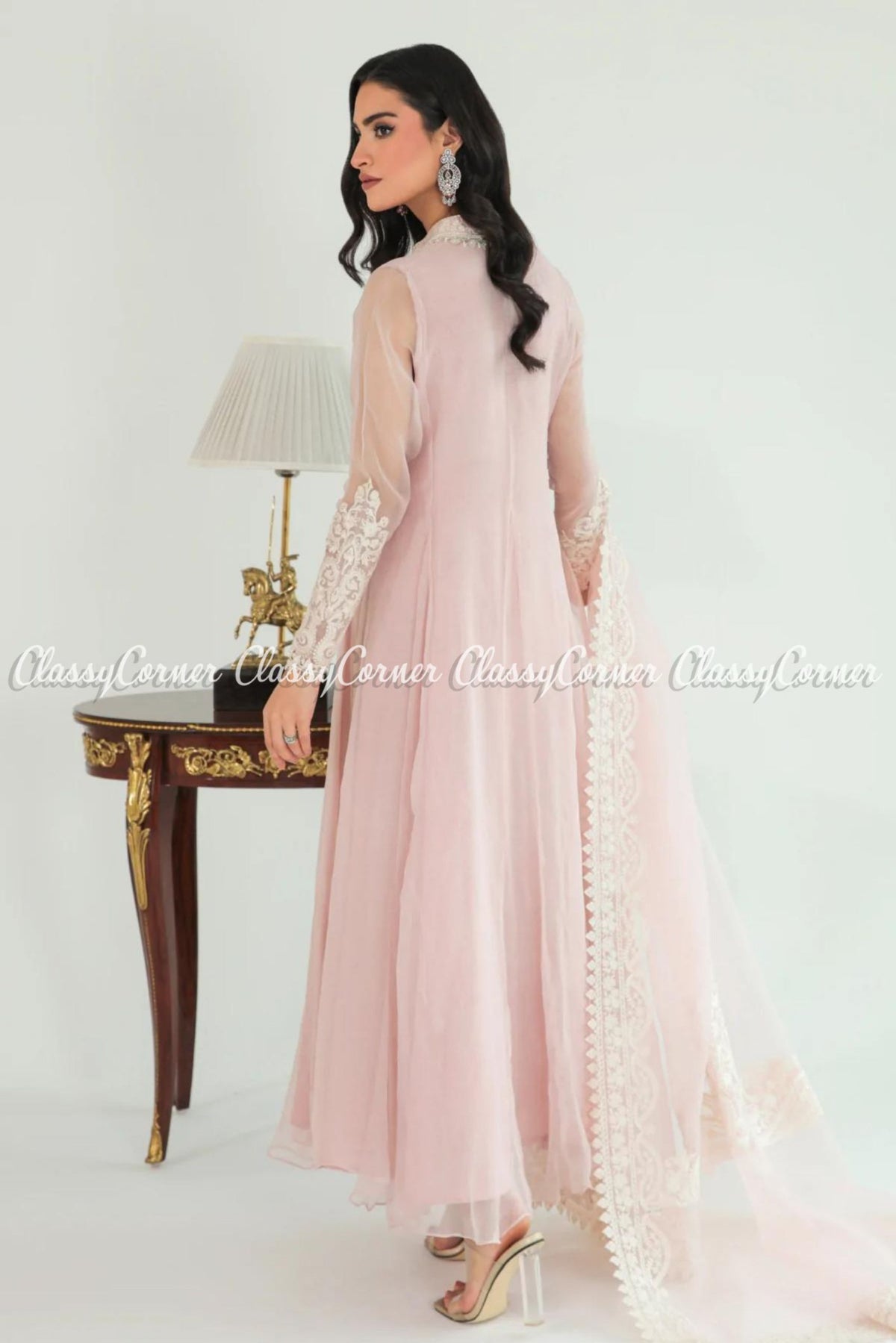 Pakistani Light Pink White Chiffon Embroidered Frock Dress