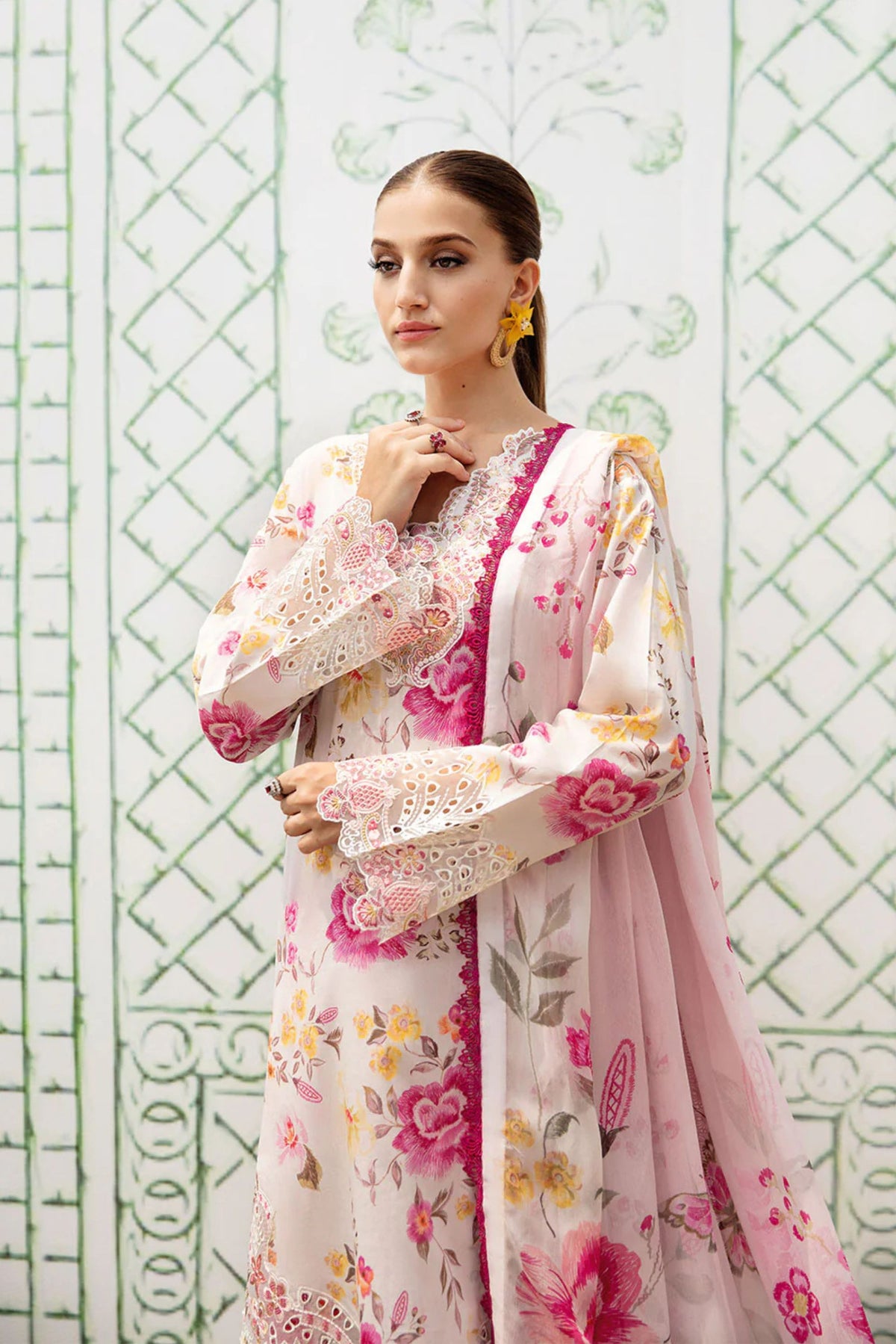 White Pink Floral Lawn Suit