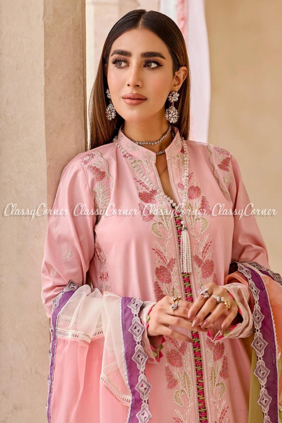 Pakistani Light Pink Embroidered Lawn Salwar Kameez