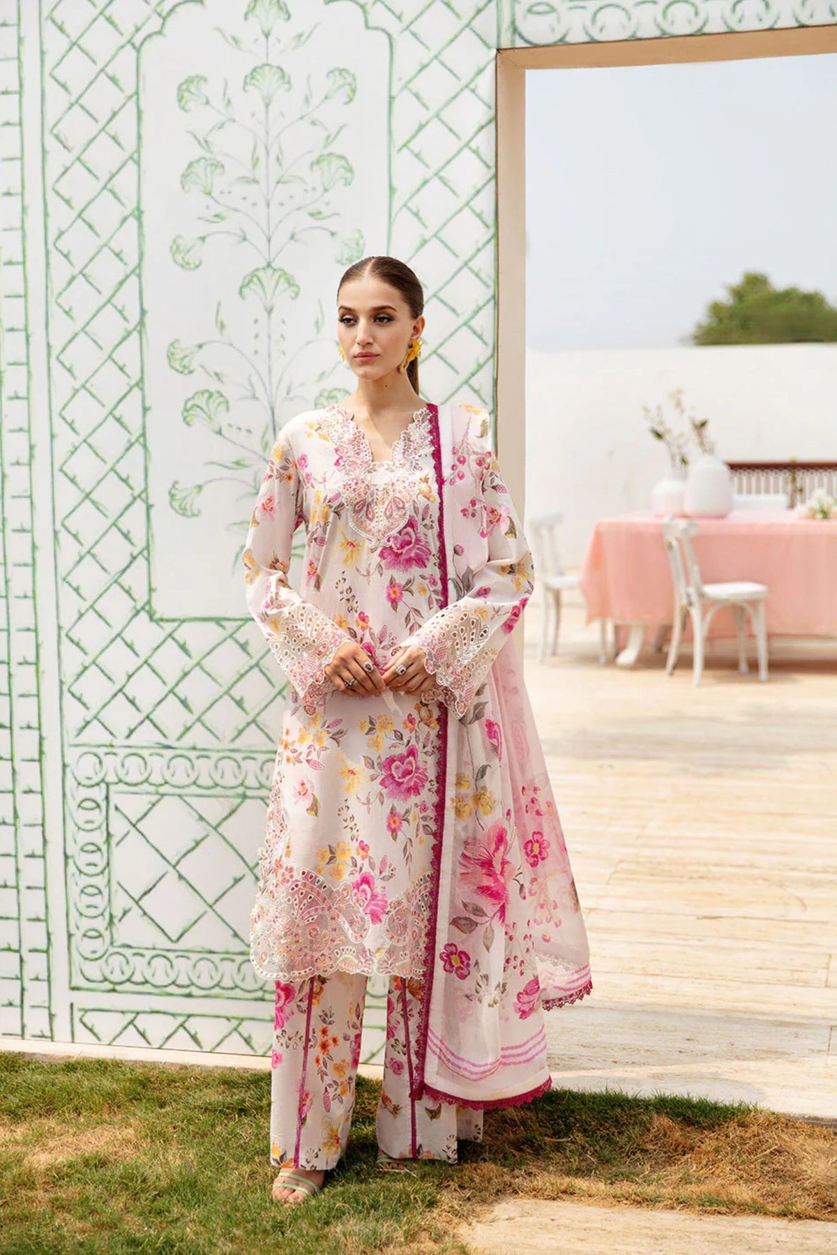 White Pink Floral Lawn Suit