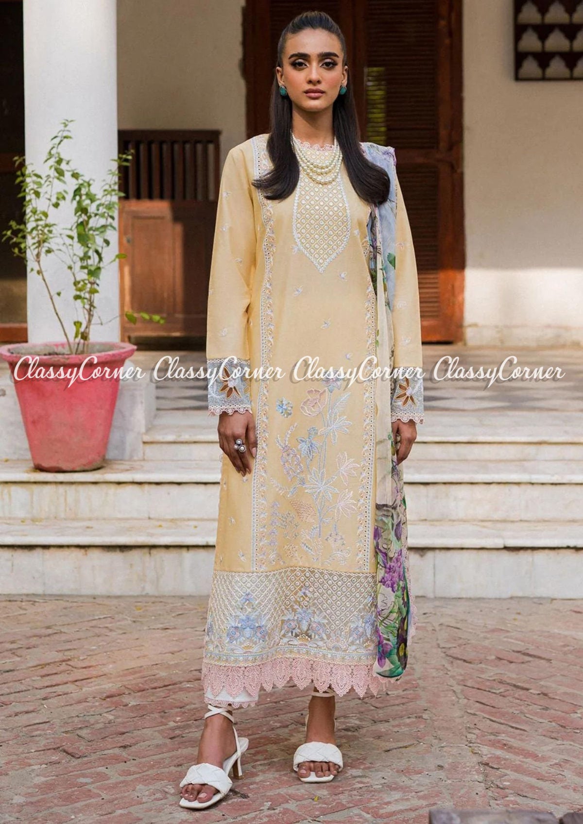 Light Yellow White Lawn Embroidered Pakistani Salwar Kameez