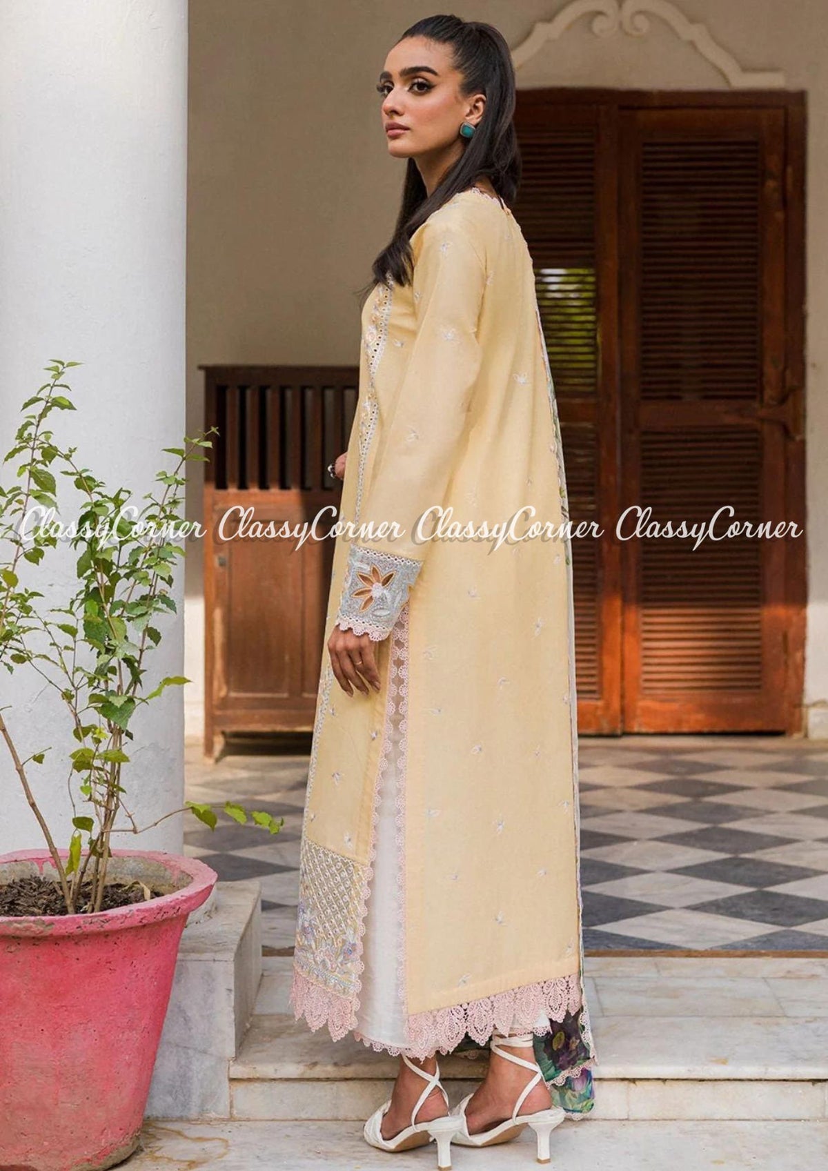 Light Yellow White Lawn Embroidered Pakistani Salwar Kameez