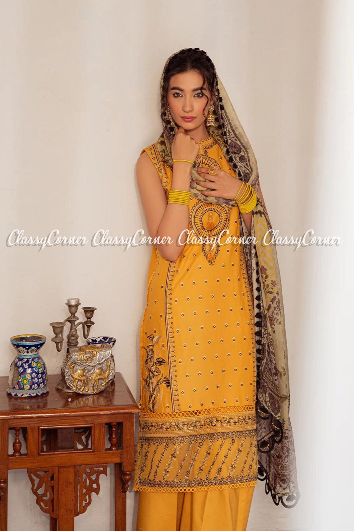 Yellow Copper Lawn Embroidered Pakistani Salwar Kameez