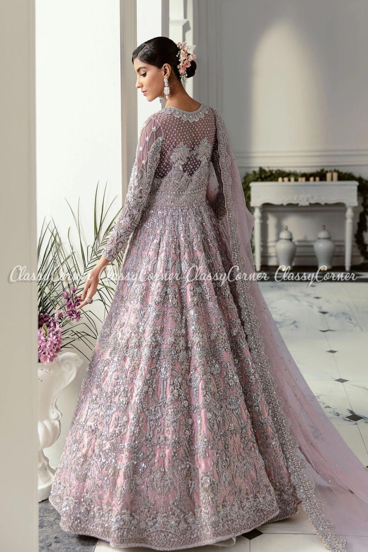 Lilac Silver Embellished Wedding Wear Gown Dress