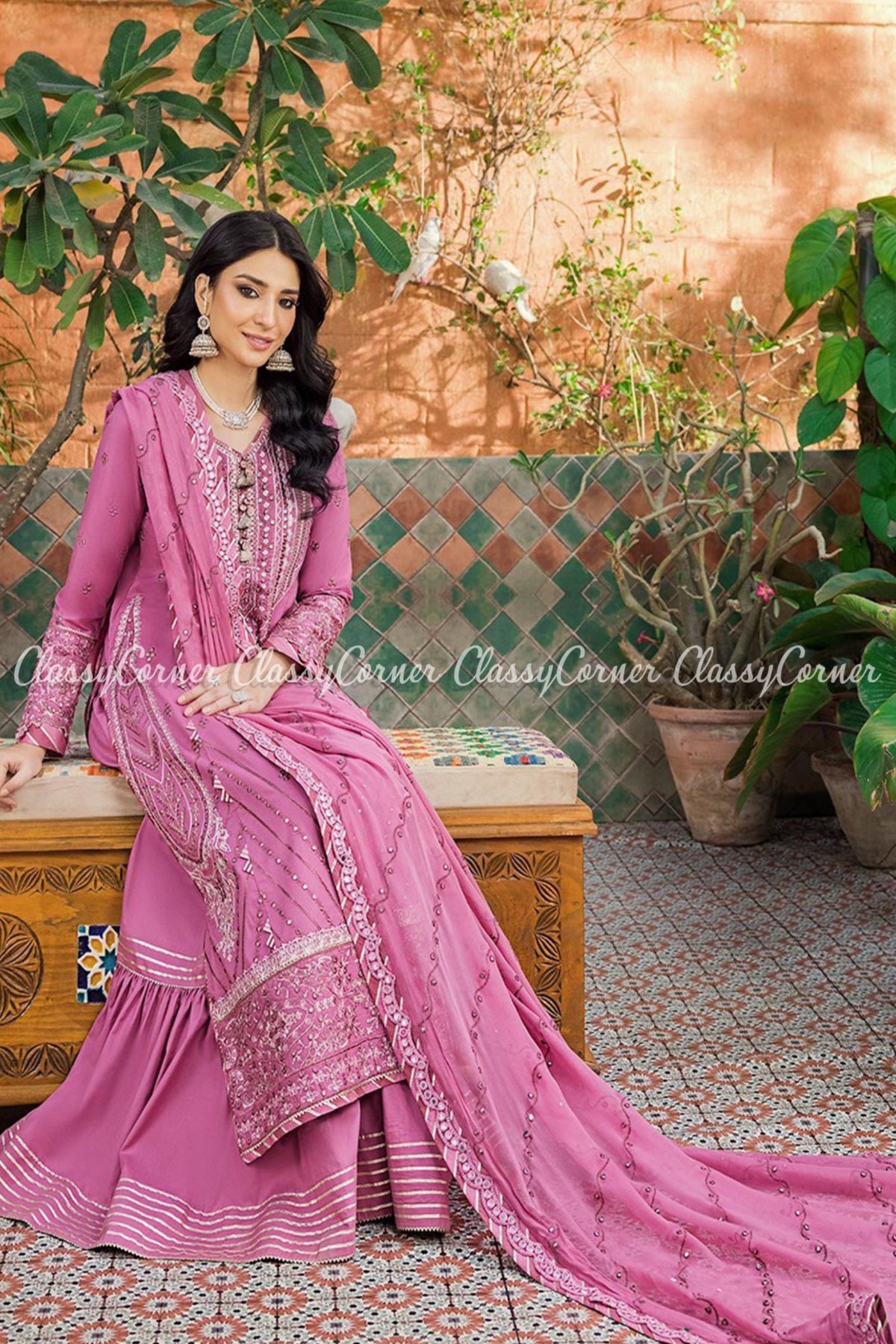 Lilac Silver Embroidered Lawn Gharara Dress