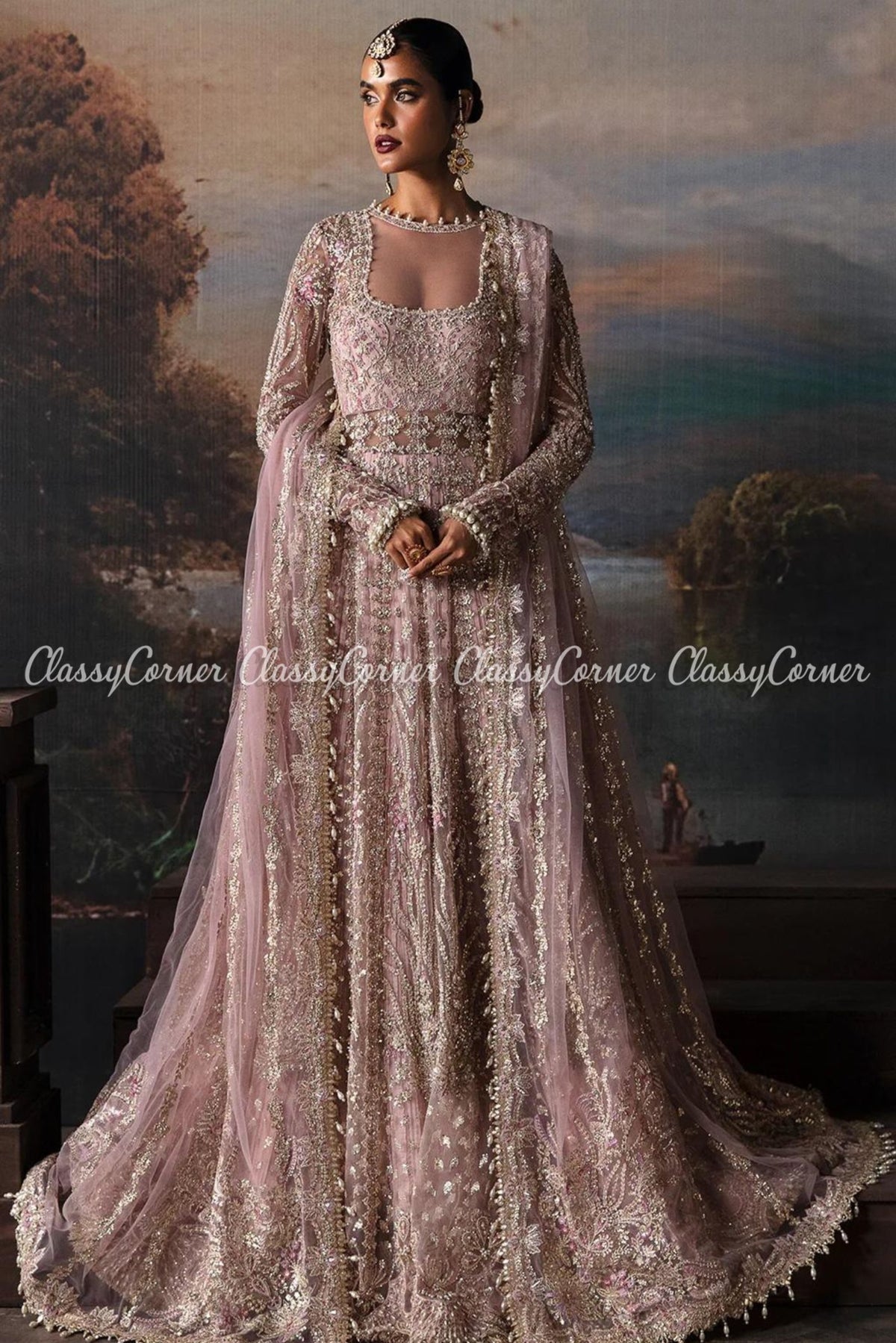 Lilac Golden Net Embellished Wedding Wear Gown