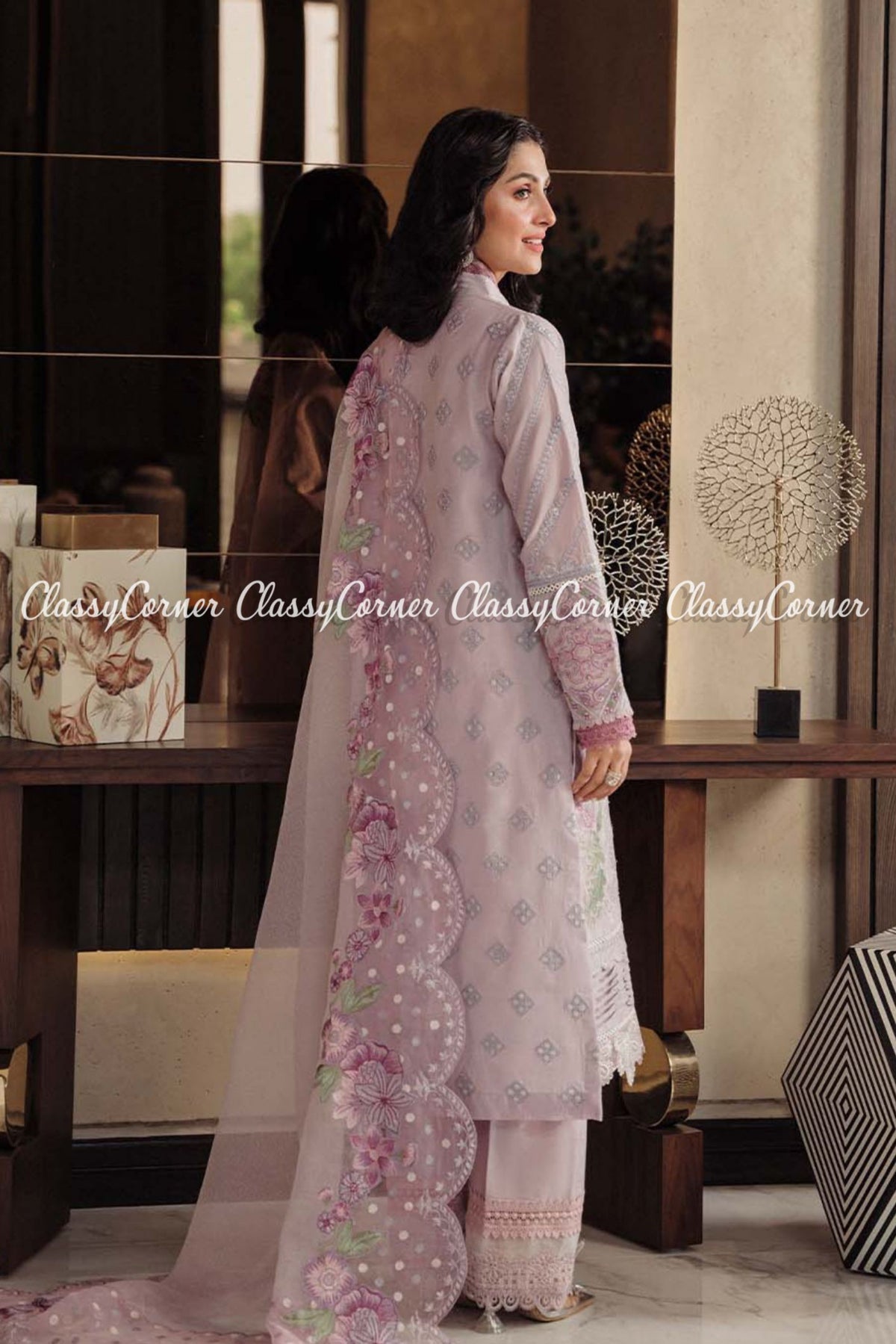 LIlac Green lawn Embroidered Pakistani Salwar kameez