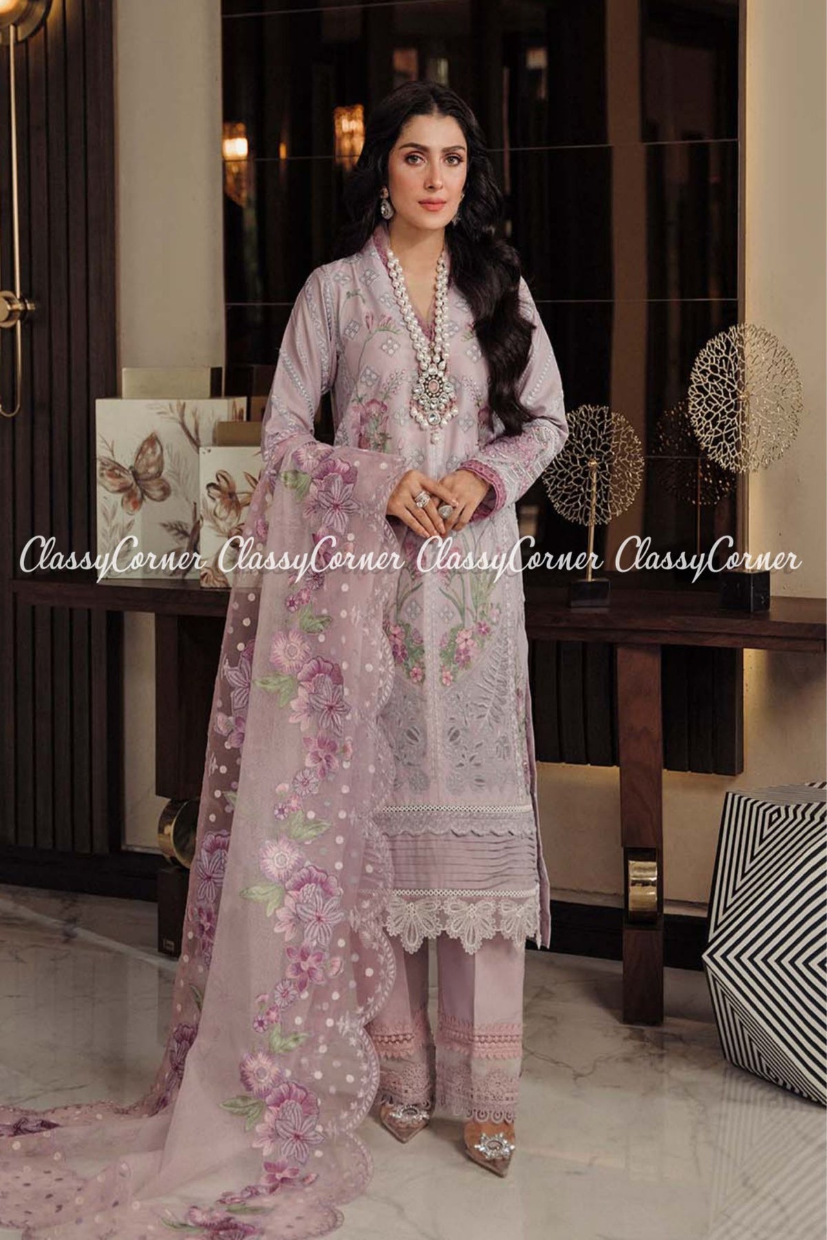 LIlac Green lawn Embroidered Pakistani Salwar kameez