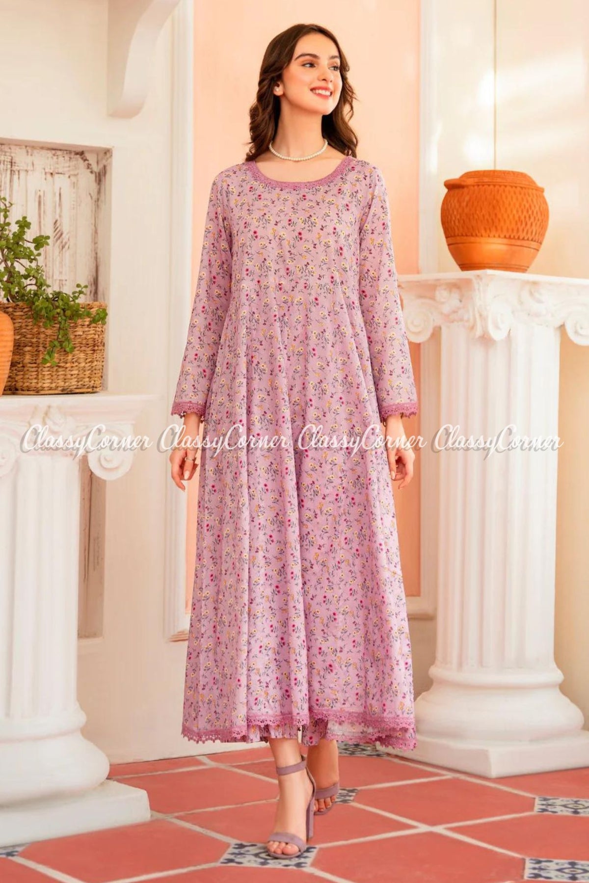 Lilac Cotton Printed Readymade Frock Dress