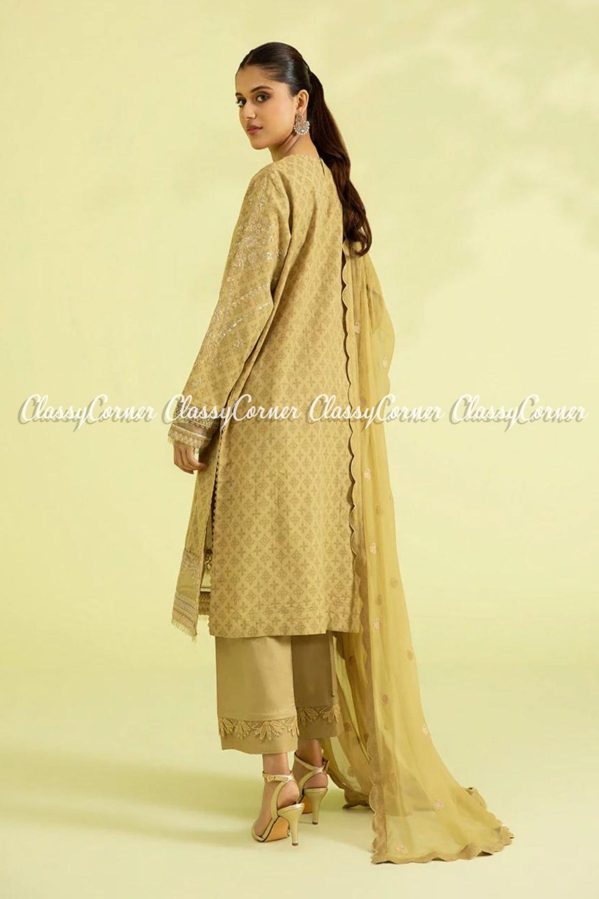 Lime Yellow Embroidered Pakistani Formal Wear 3 Piece