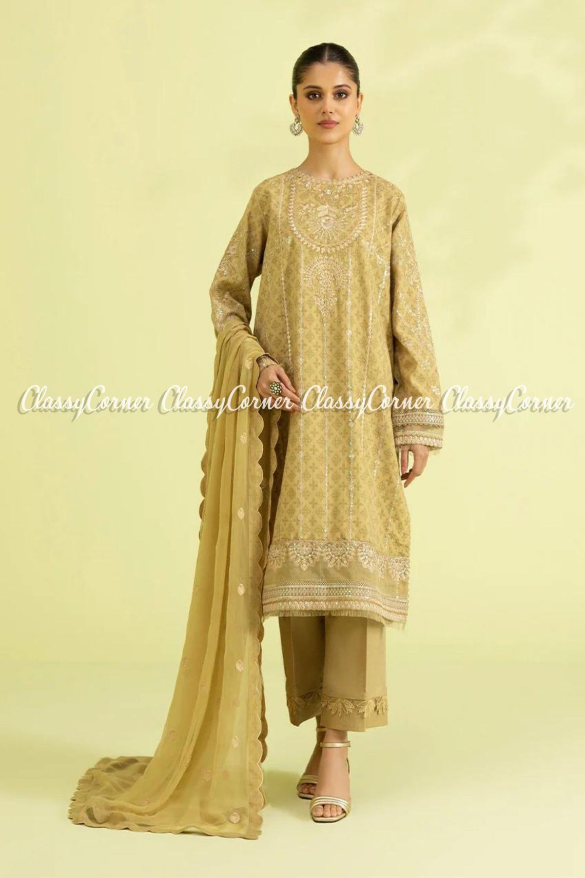 Lime Yellow Embroidered Pakistani Formal Wear 3 Piece