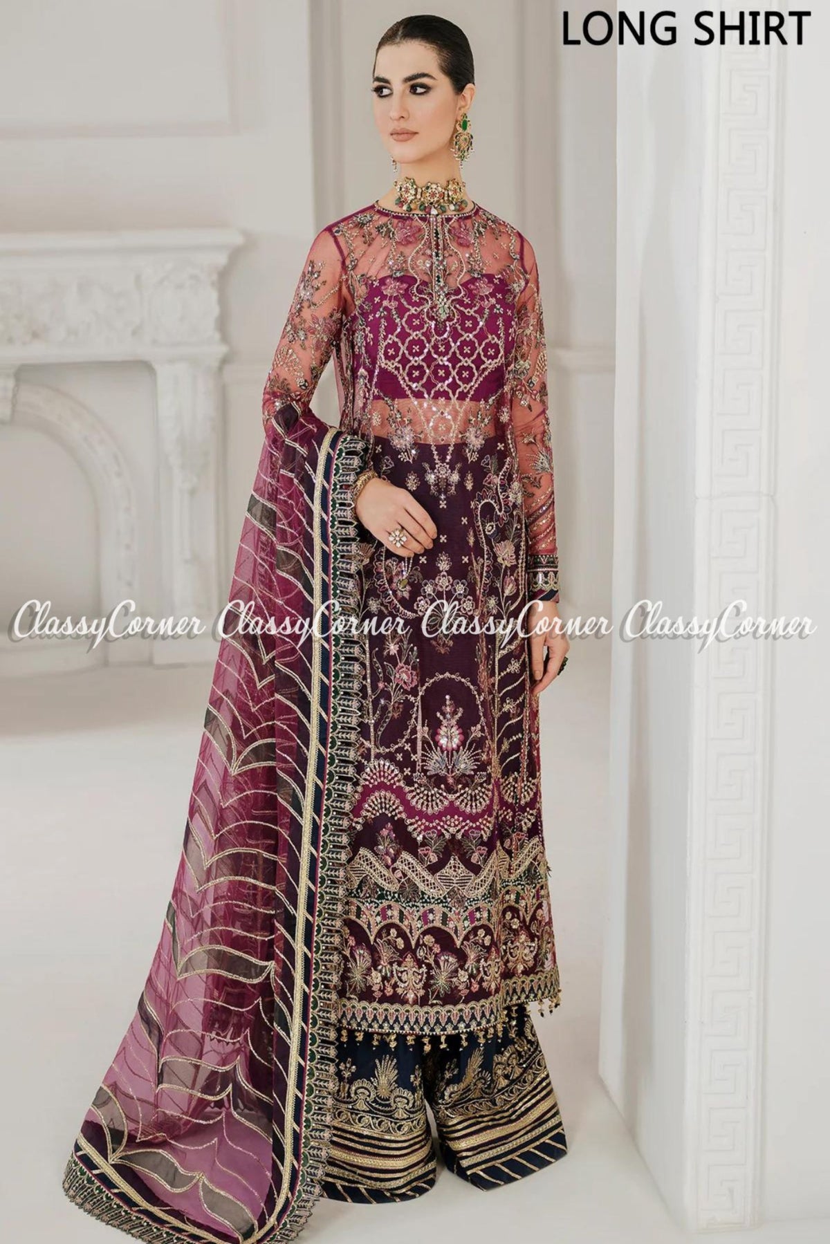 Magenta Zinc Net Embroidered Pakistani Sharara Salwar Kameez - Classy Corner