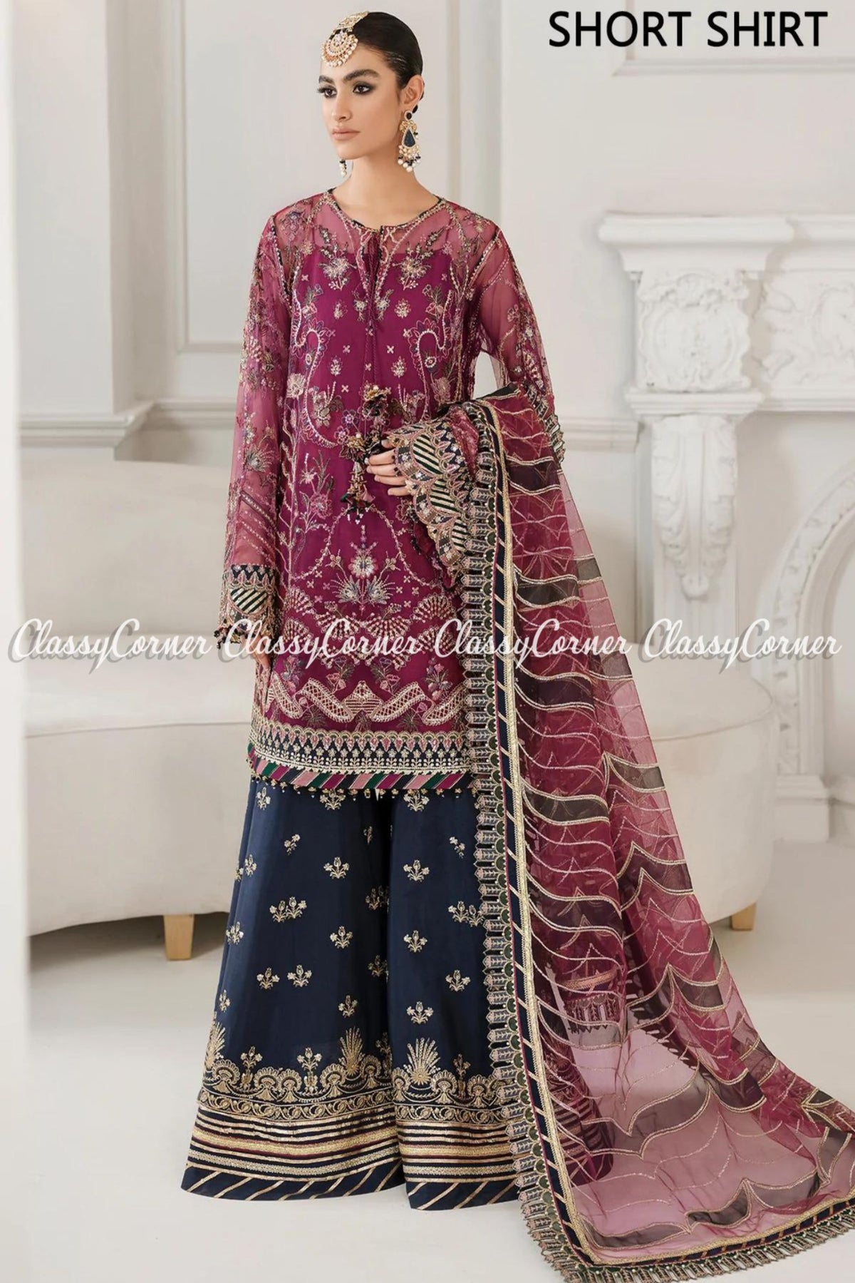 Magenta Zinc Net Embroidered Pakistani Sharara Salwar Kameez - Classy Corner