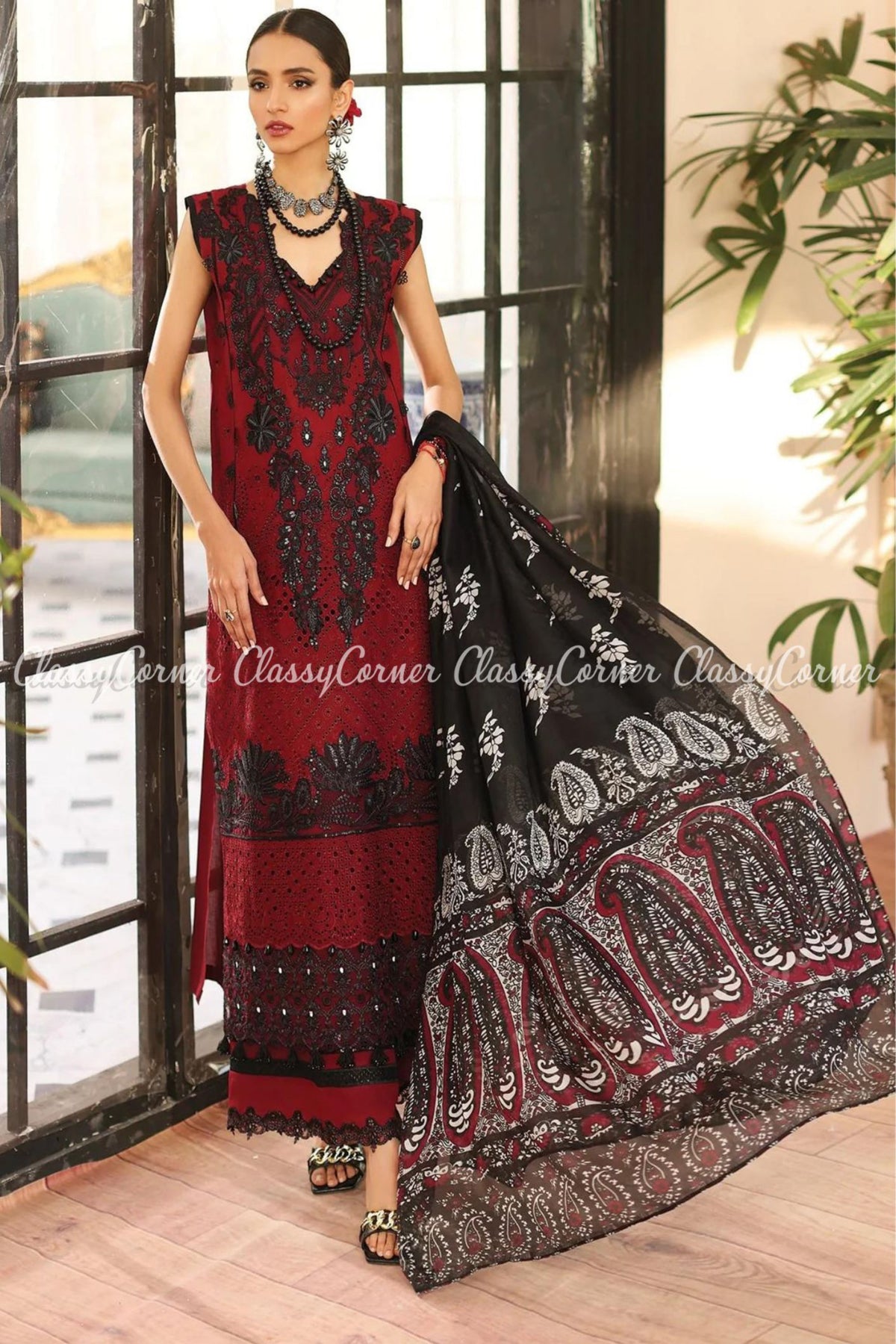 Maroon Red Black Lawn Embroidered Salwar Kameez