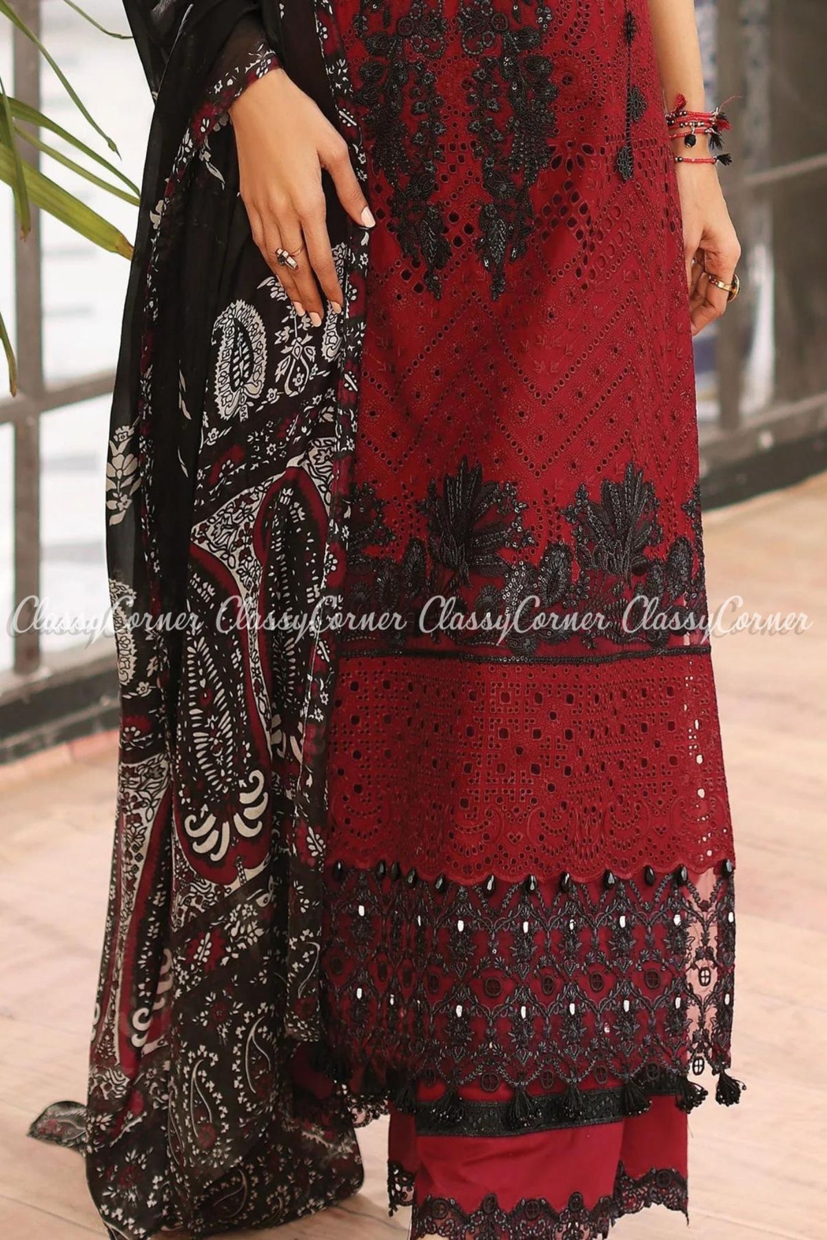 Maroon Red Black Lawn Embroidered Salwar Kameez