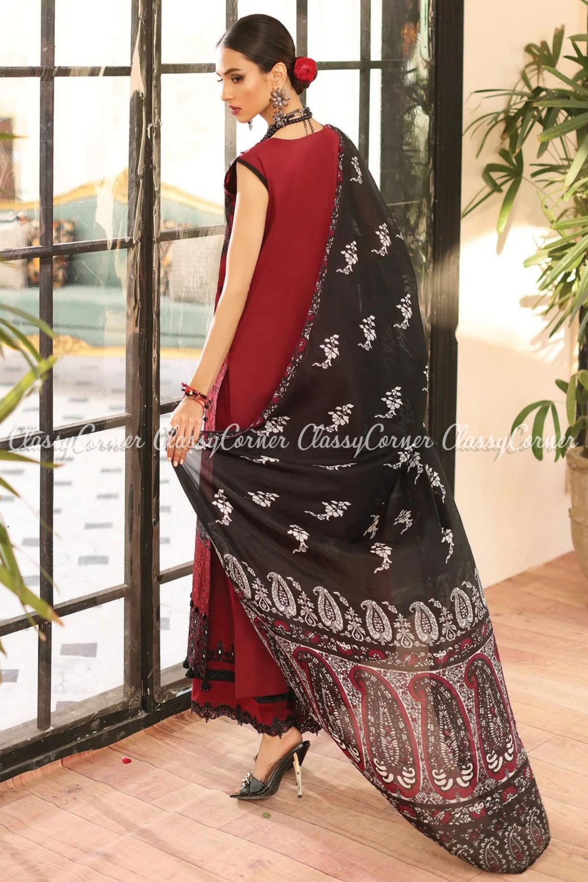 Maroon Red Black Lawn Embroidered Salwar Kameez