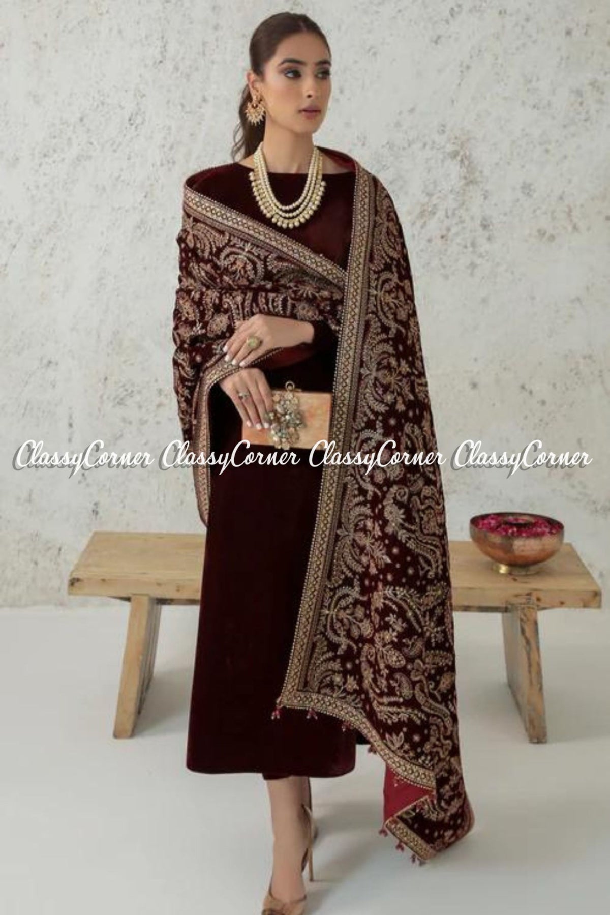 Fancy Maroon Golden Velvet Embroidered Pakistani Shawl