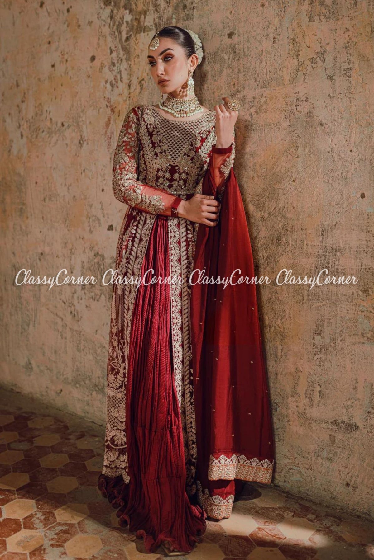 Maroon Golden Net Embellished Bridal Gown