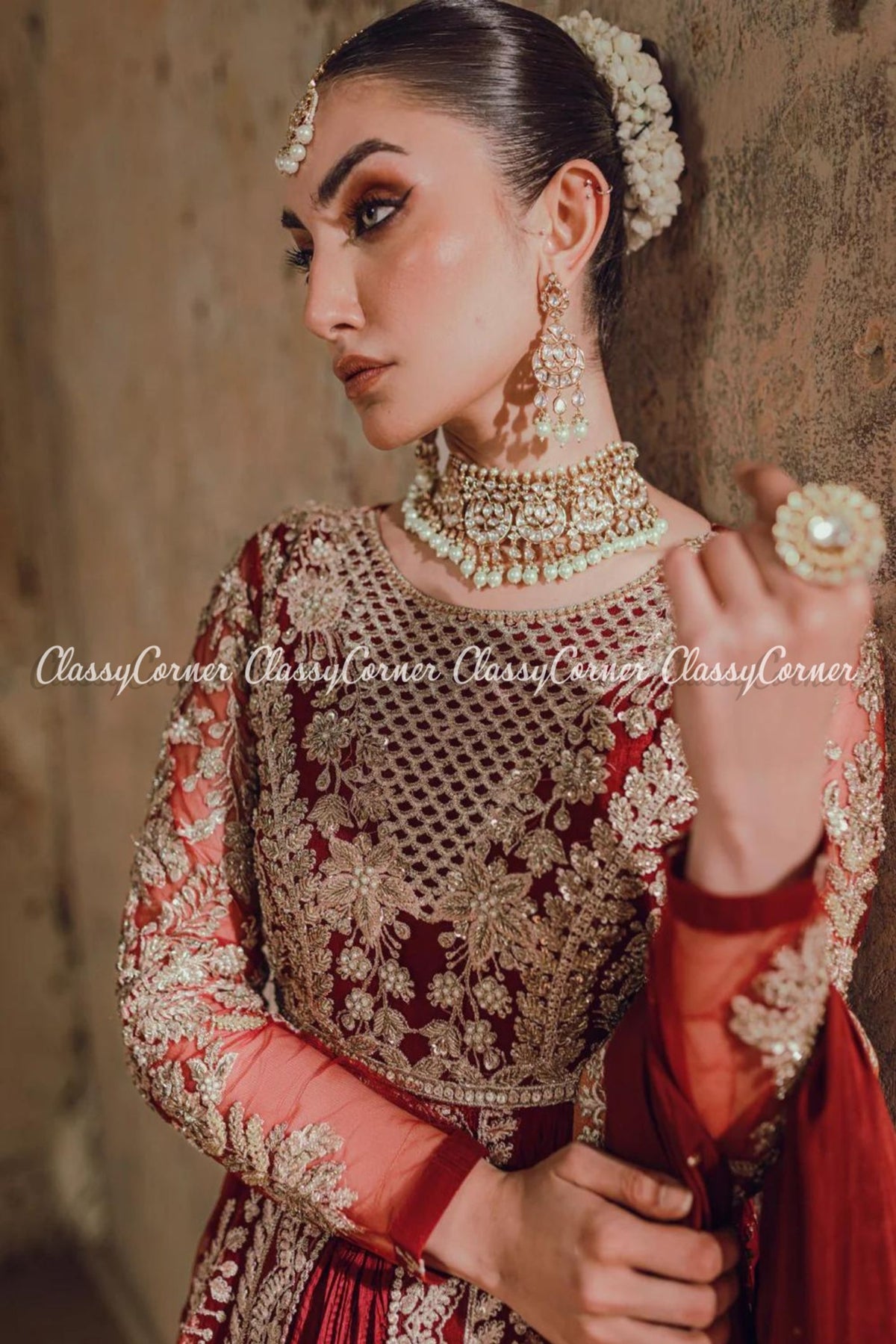 Maroon Golden Net Embellished Bridal Gown