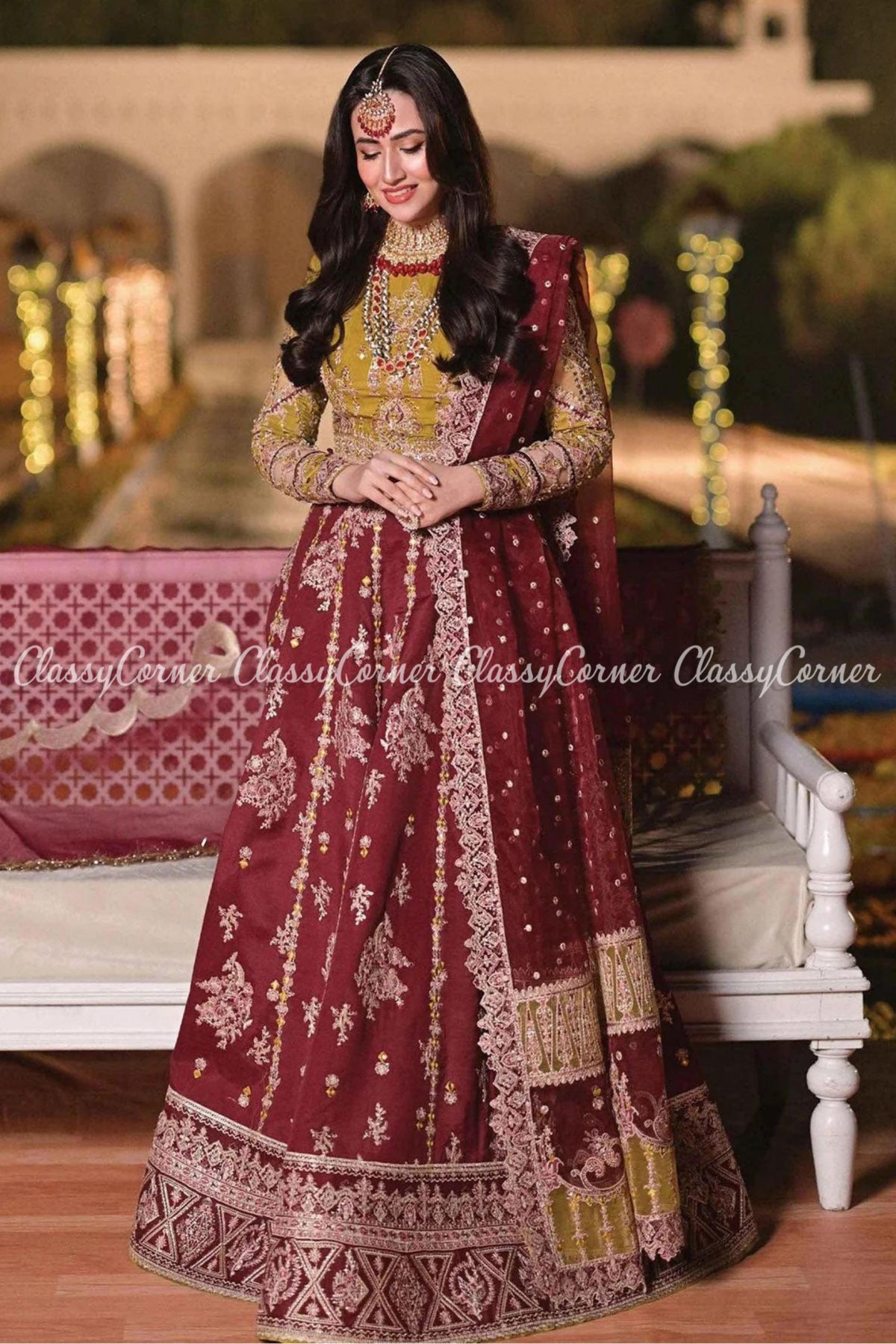 Maroon Olive Green Silk Embroidered Lehenga Choli