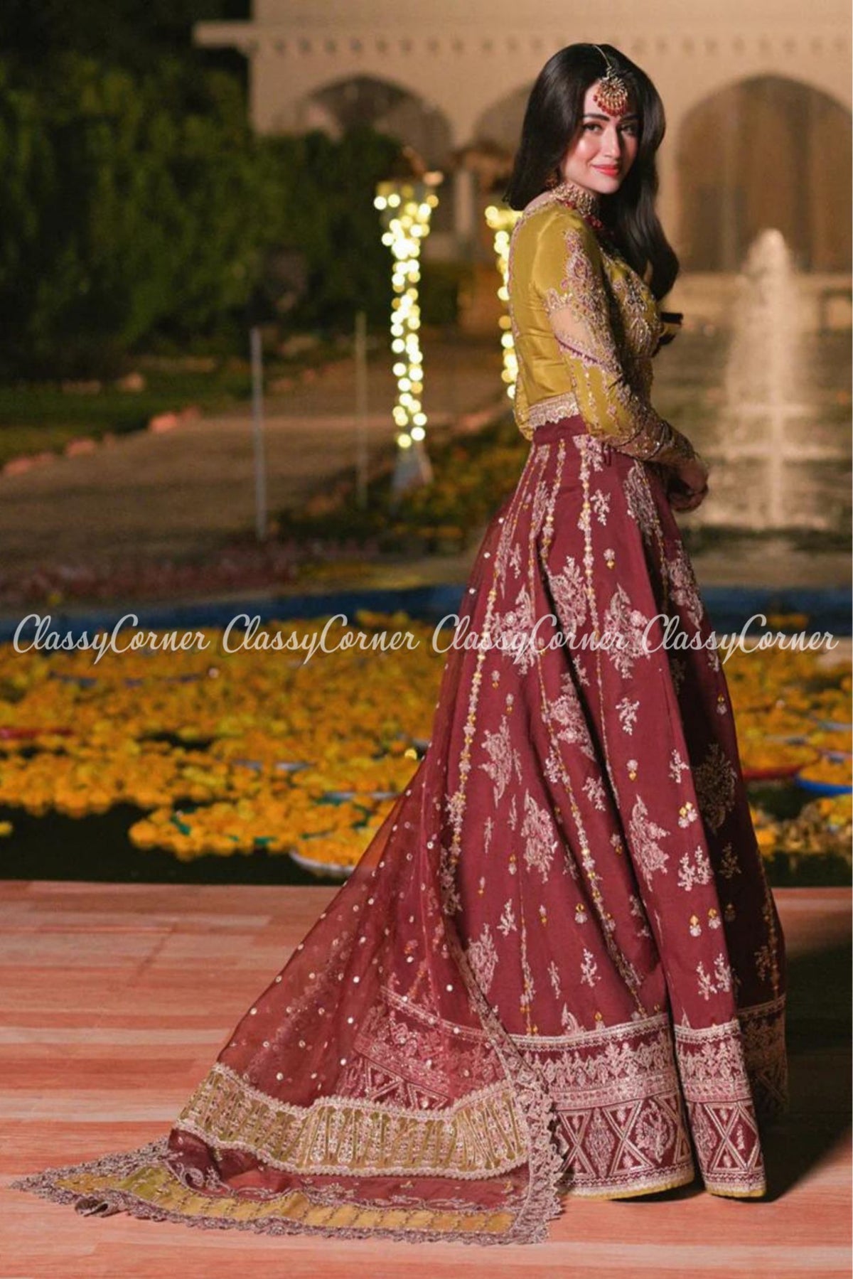 Maroon Olive Green Silk Embroidered Lehenga Choli