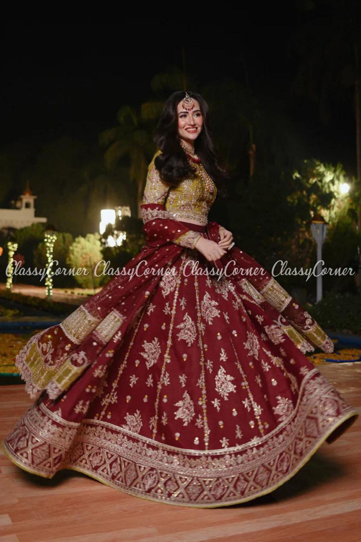 Maroon Olive Green Silk Embroidered Lehenga Choli