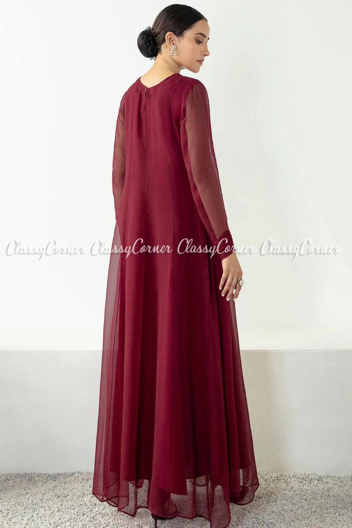 Plain Chiffon Maroon Pakistani Formal Wear Frock Dress