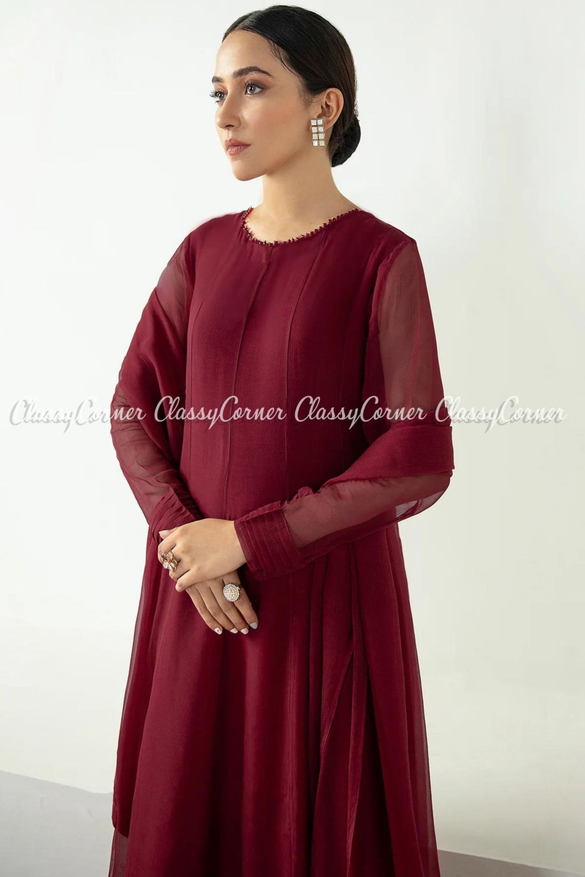 Plain Chiffon Maroon Pakistani Formal Wear Frock Dress