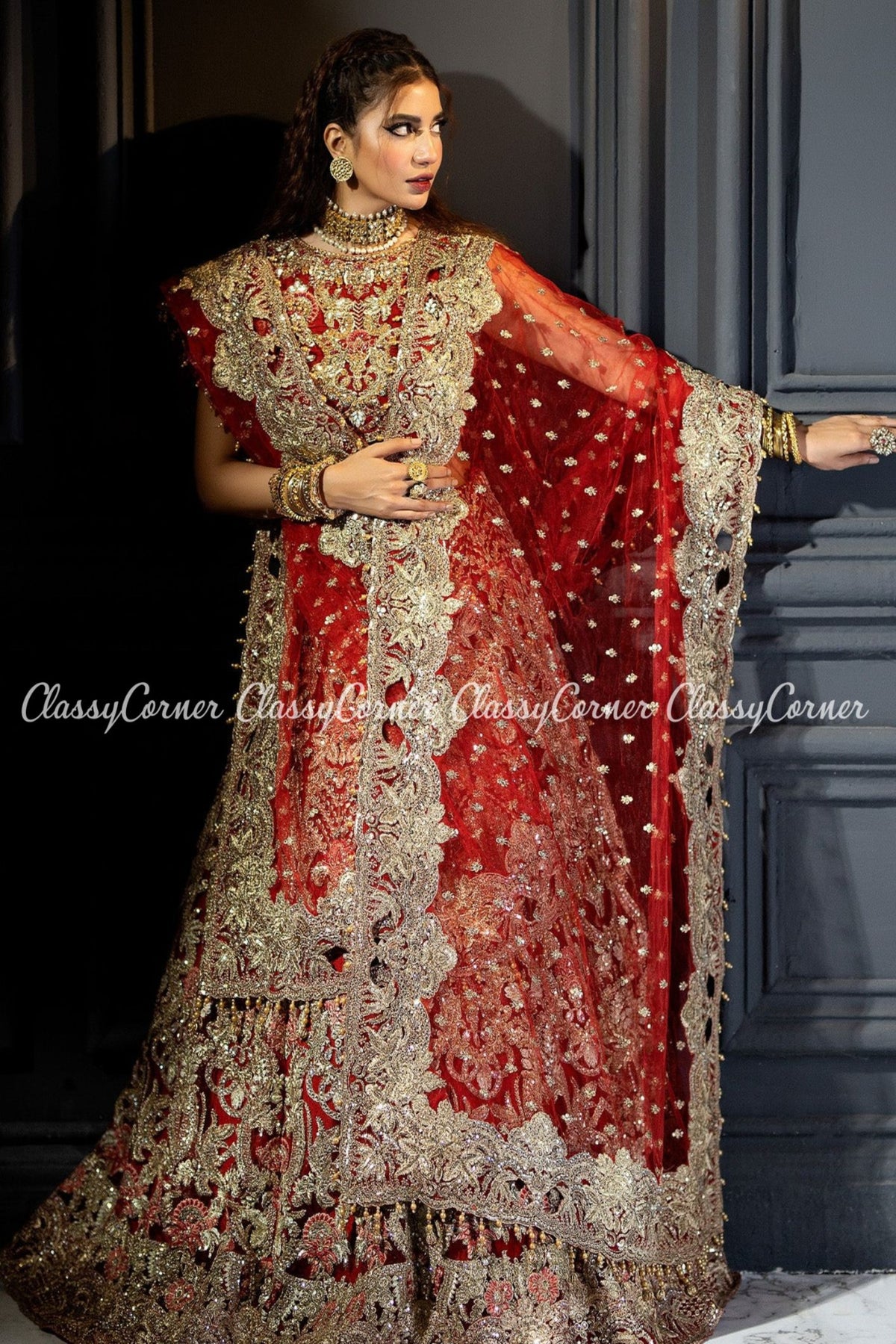 Maroon Golden Net Embellished Bridal Wear Lehenga