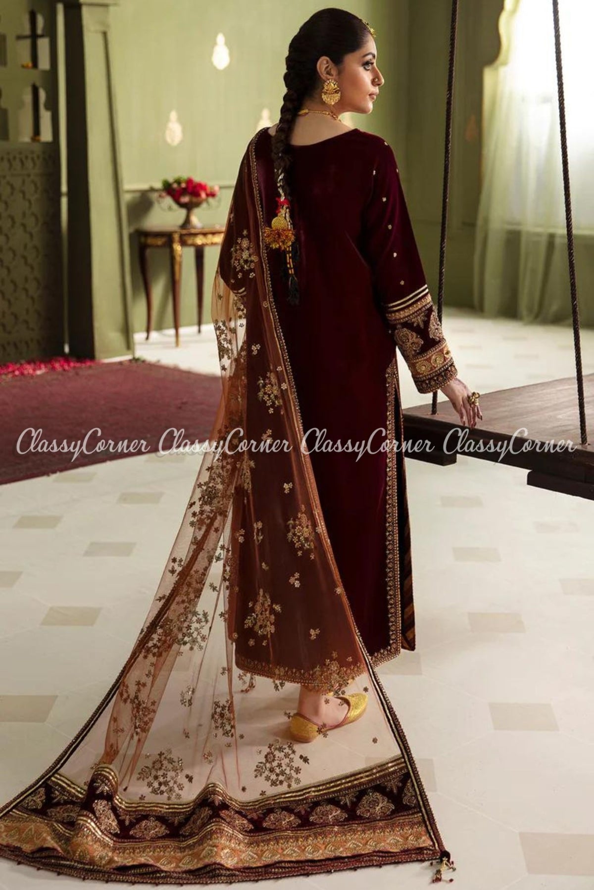 Maroon Oragne Velvet Embroidered Salwar Kameez