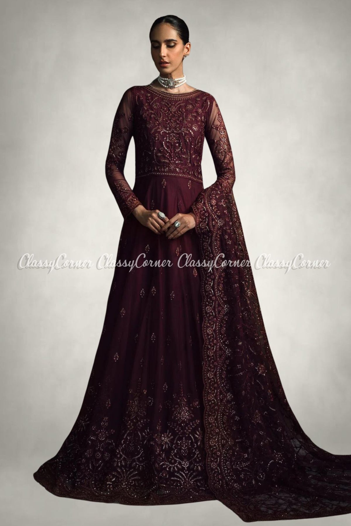 Maroon Net Embroidered Long Party Dress