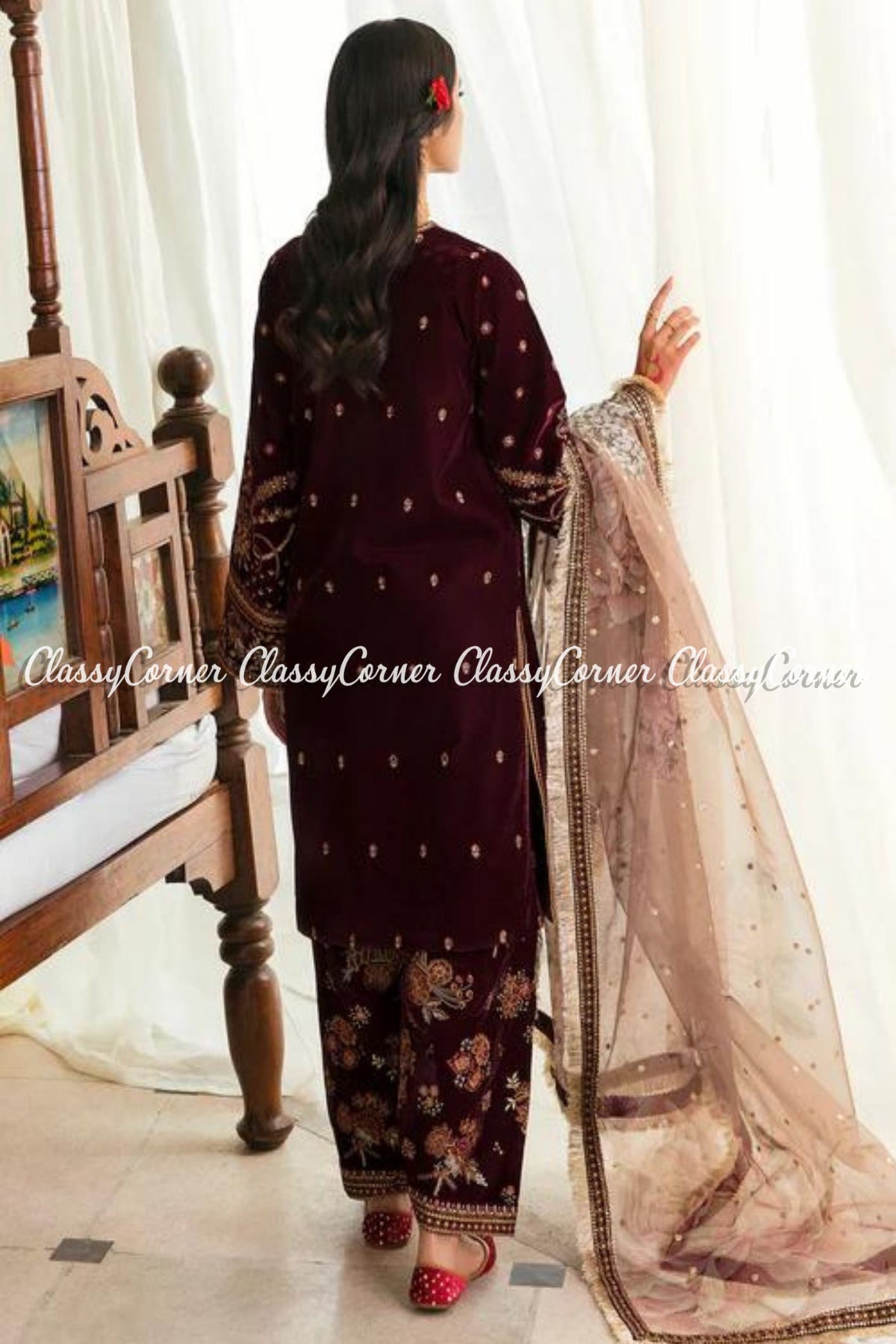 Maroon Pink Velvet Embroidered Wedding Wear Salwar Suit