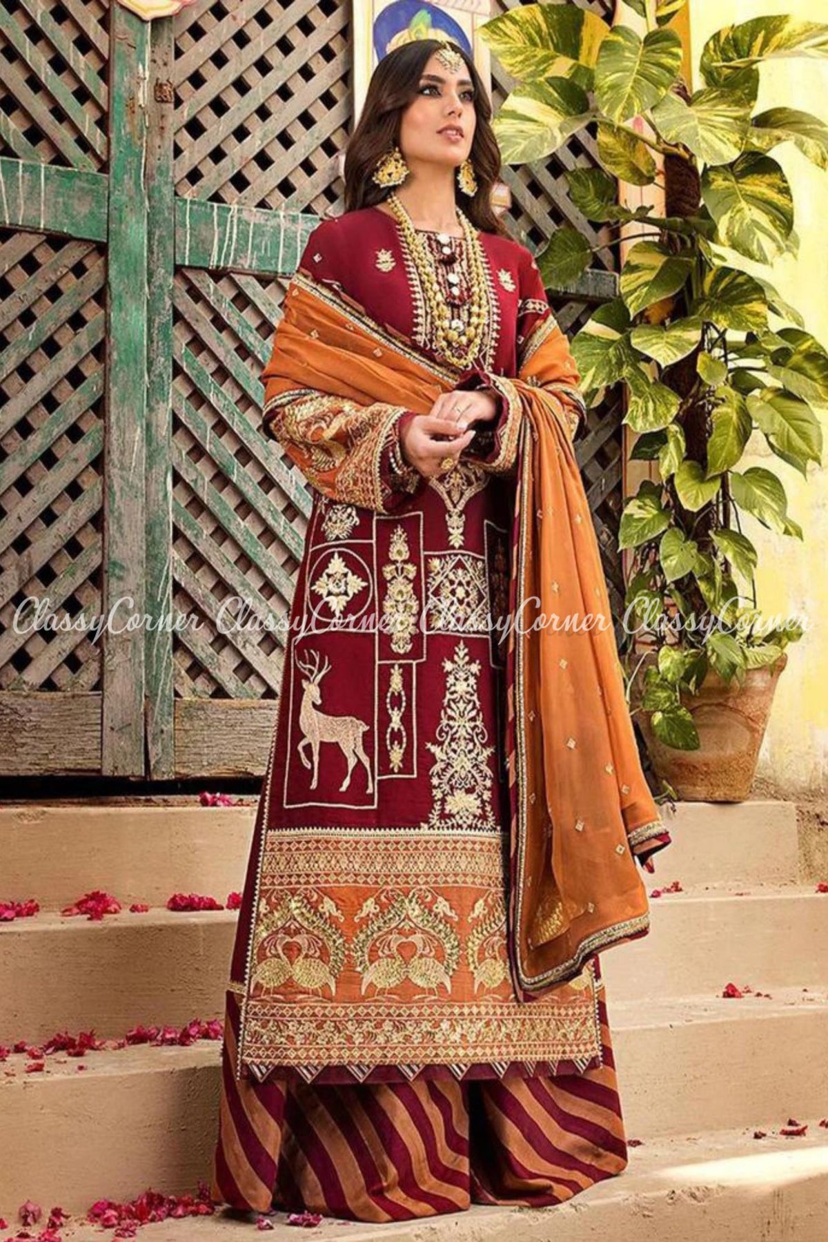 Maroon Rust Lawn Embroidered Formal Wear Sharara Dress