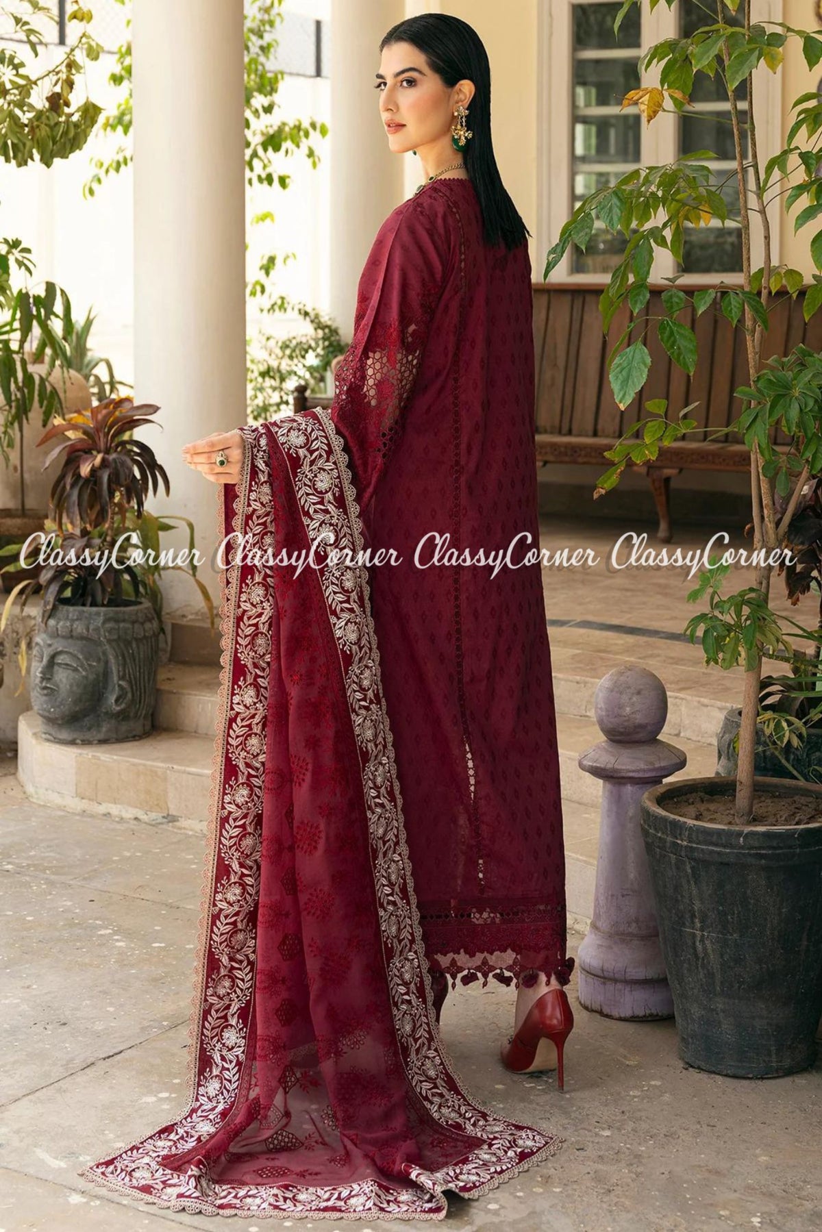 Maroon White Lawn Organza Embroidered Formal Wear Dress