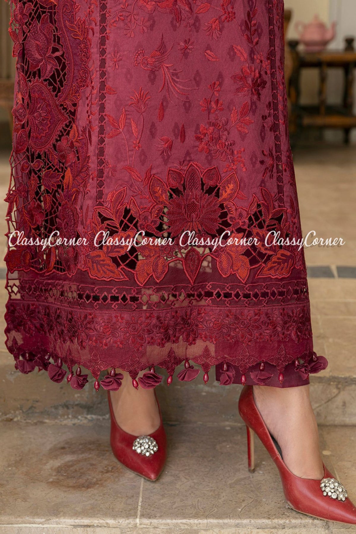 Maroon White Lawn Organza Embroidered Formal Wear Dress