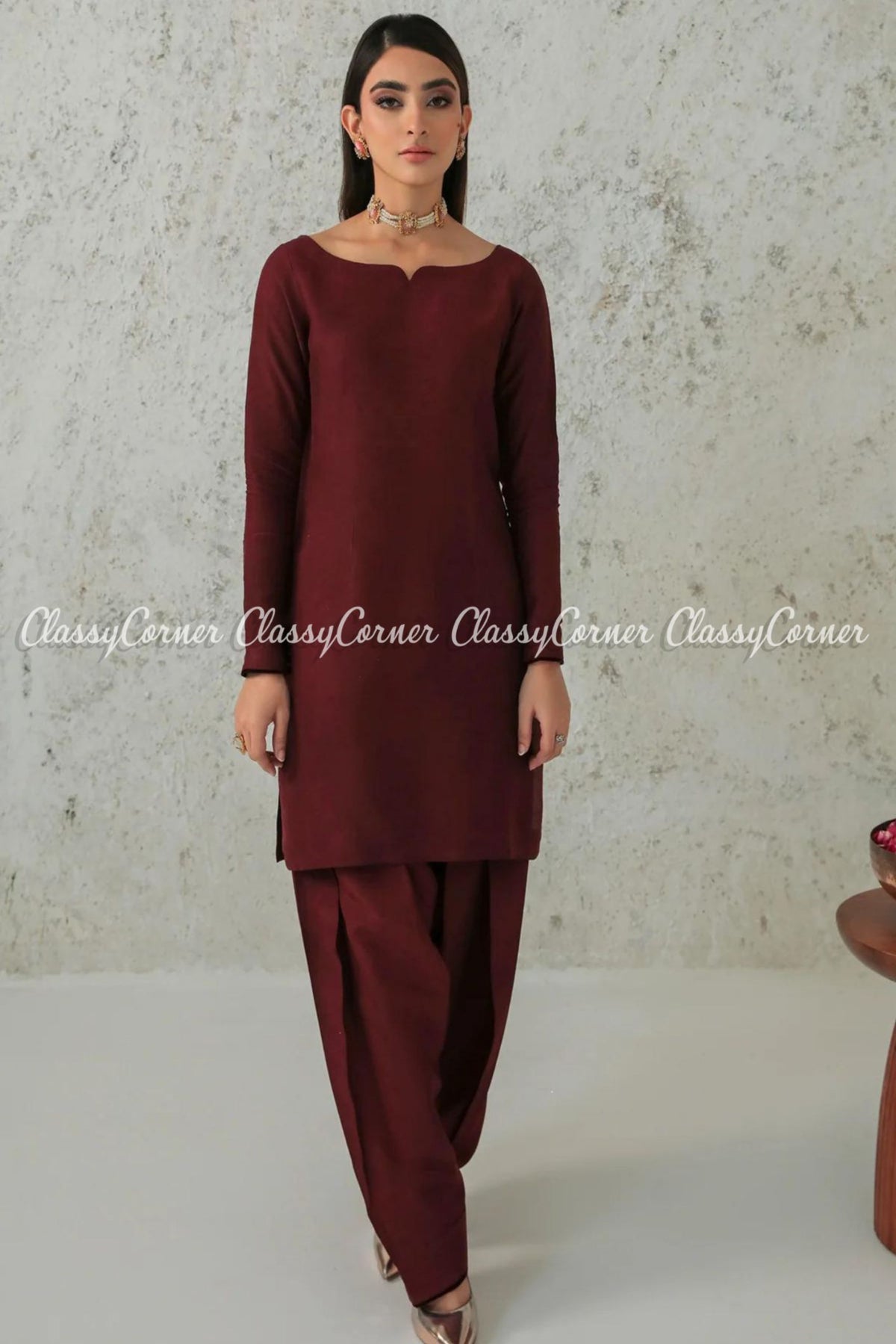 Maroon Solid Silk Pakistani Salwar Kameez Outfit