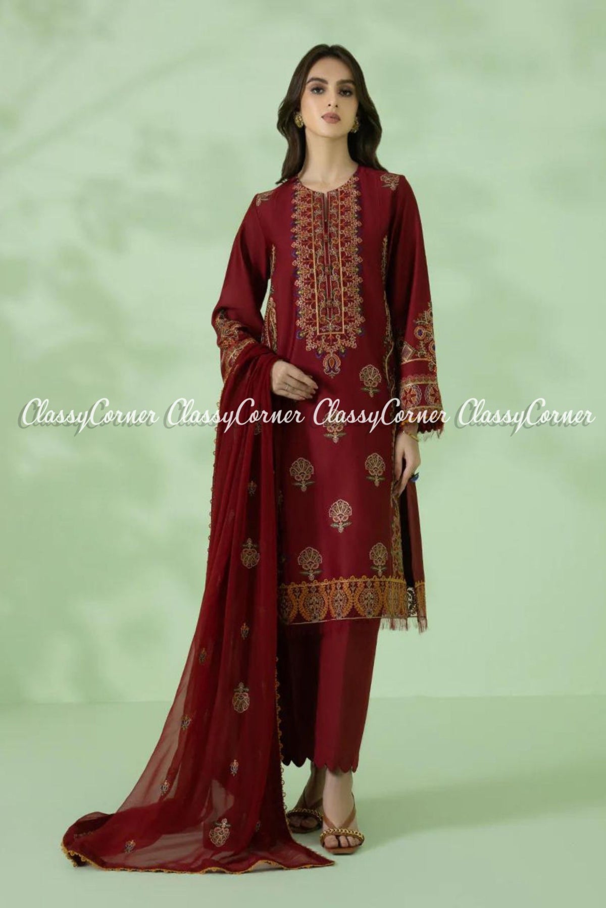 Maroon Multicolor Lawn Embroidered Formal Wear Dress