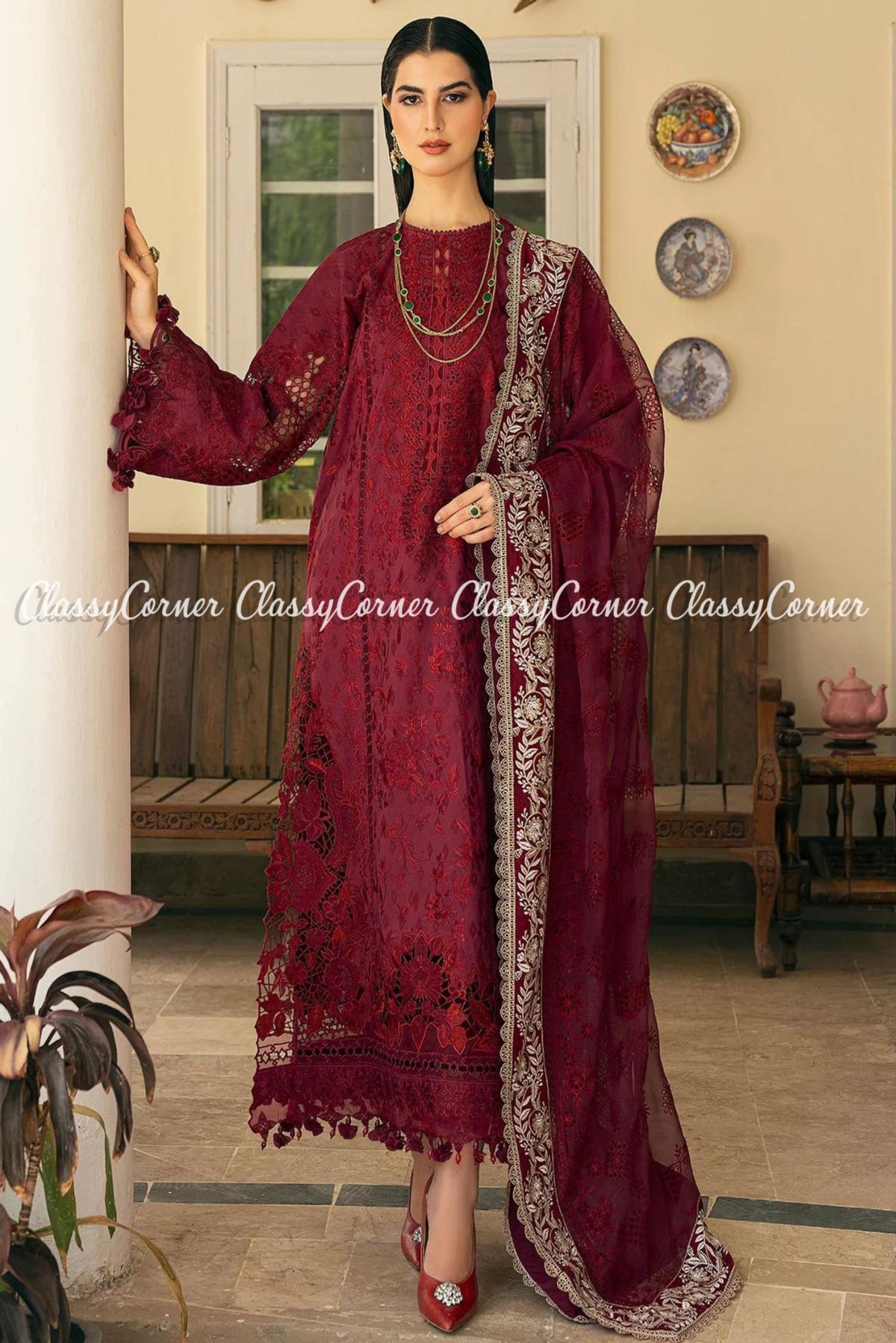 Maroon White Lawn Organza Embroidered Formal Wear Dress