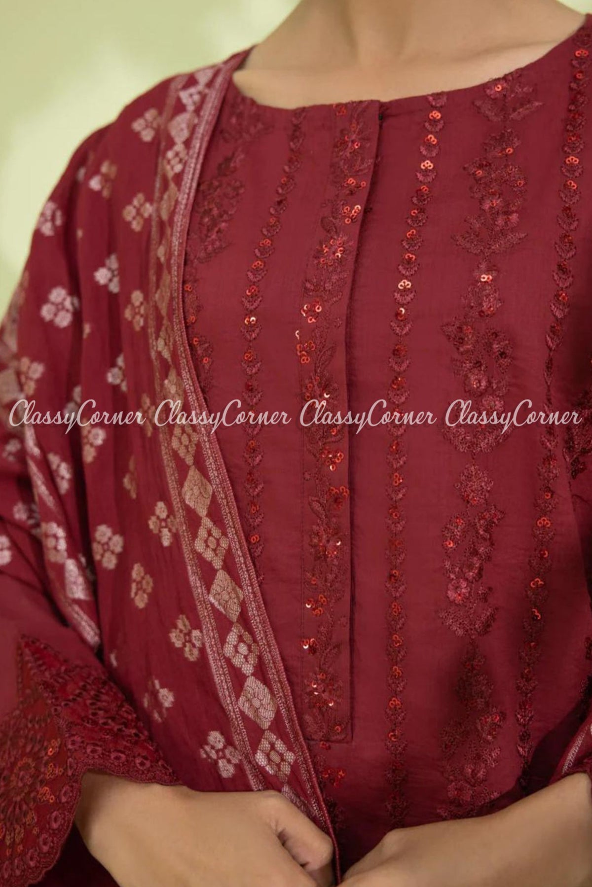 Burgundy Lawn Embroidered Formal Wear Salwar Kameez