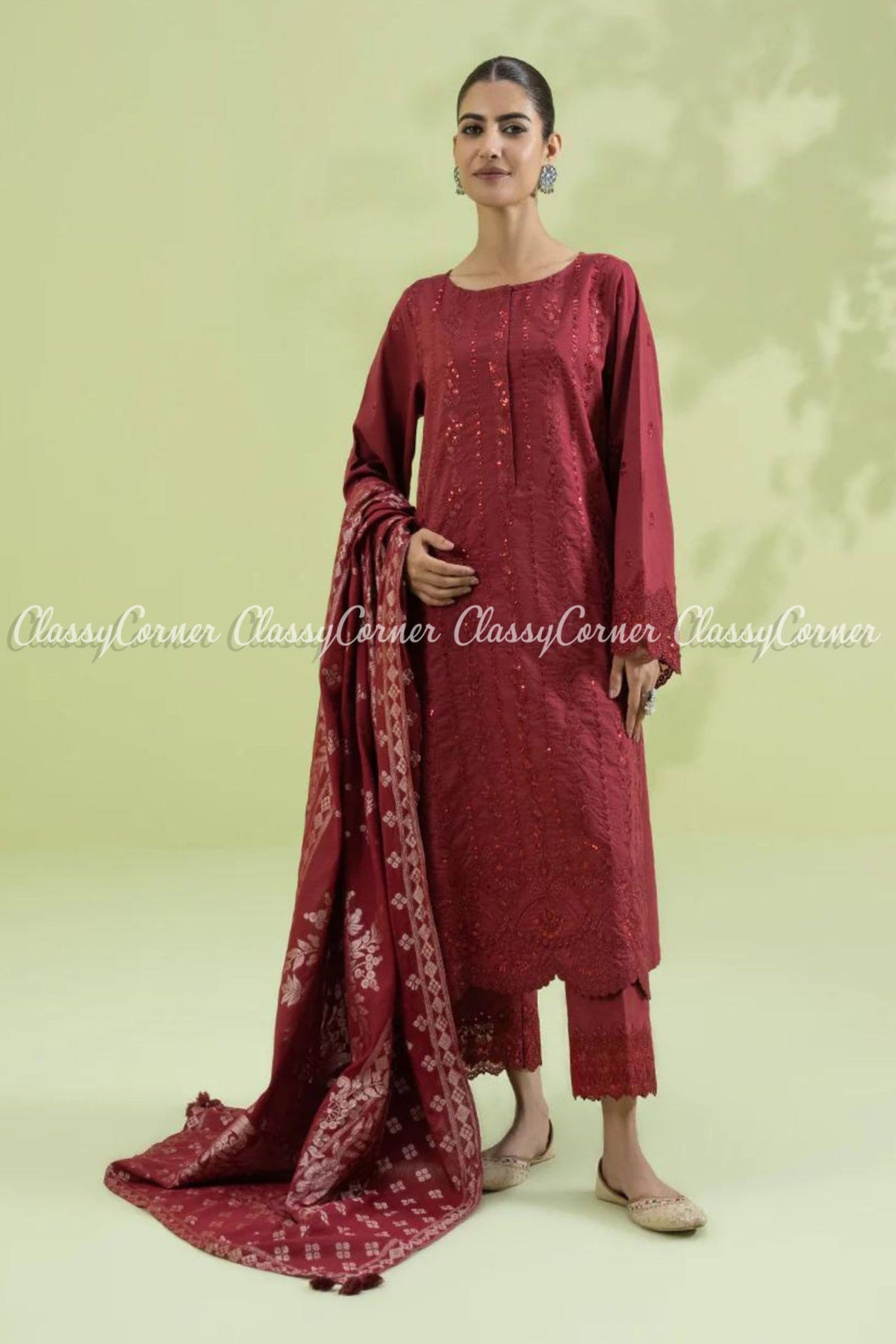 Burgundy Lawn Embroidered Formal Wear Salwar Kameez